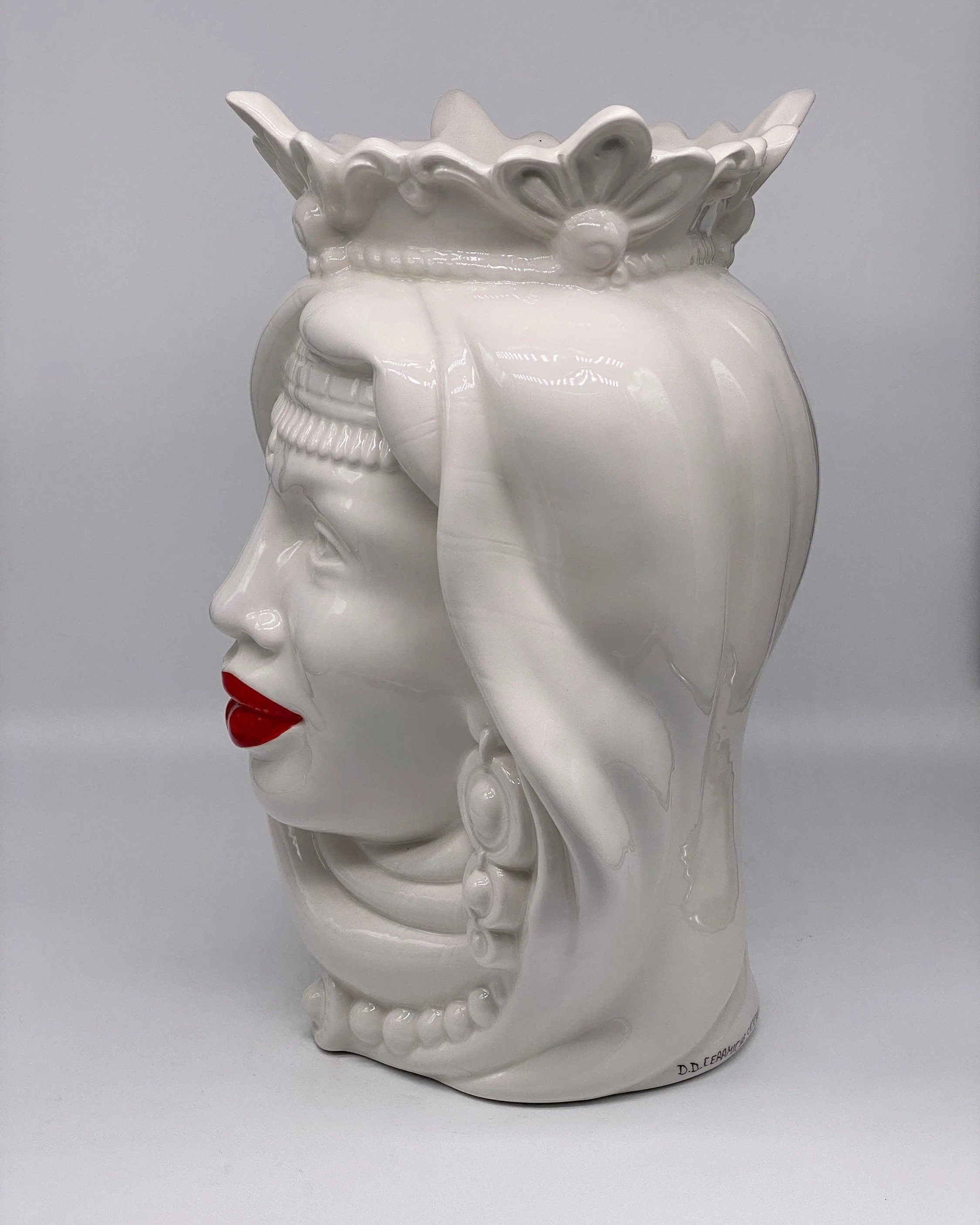 Teste di Moro Afro Ceramica Caltagirone cm H.37 L.24 Artigianale Bianco Labbra Rosse DD CERAMICHE SICILIANE