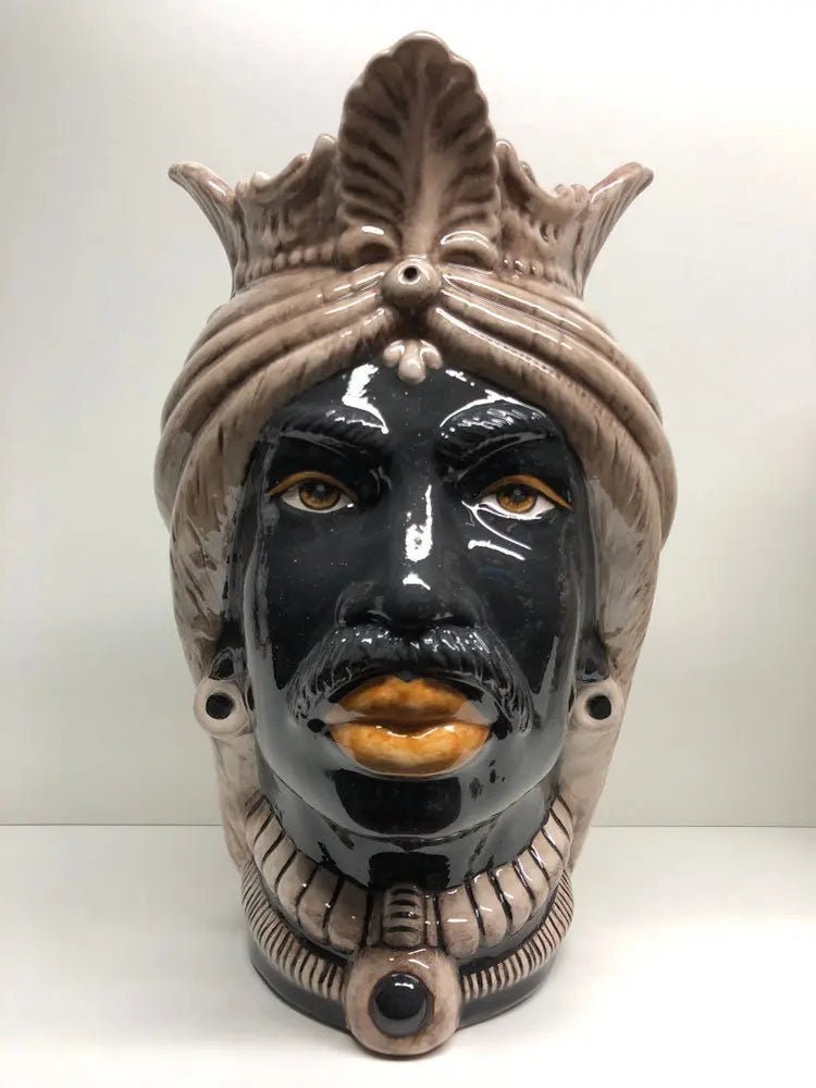 Teste di Moro Afro Ceramica Caltagirone cm H.35 L.23 Artigianale Beige Écru DD CERAMICHE SICILIANE
