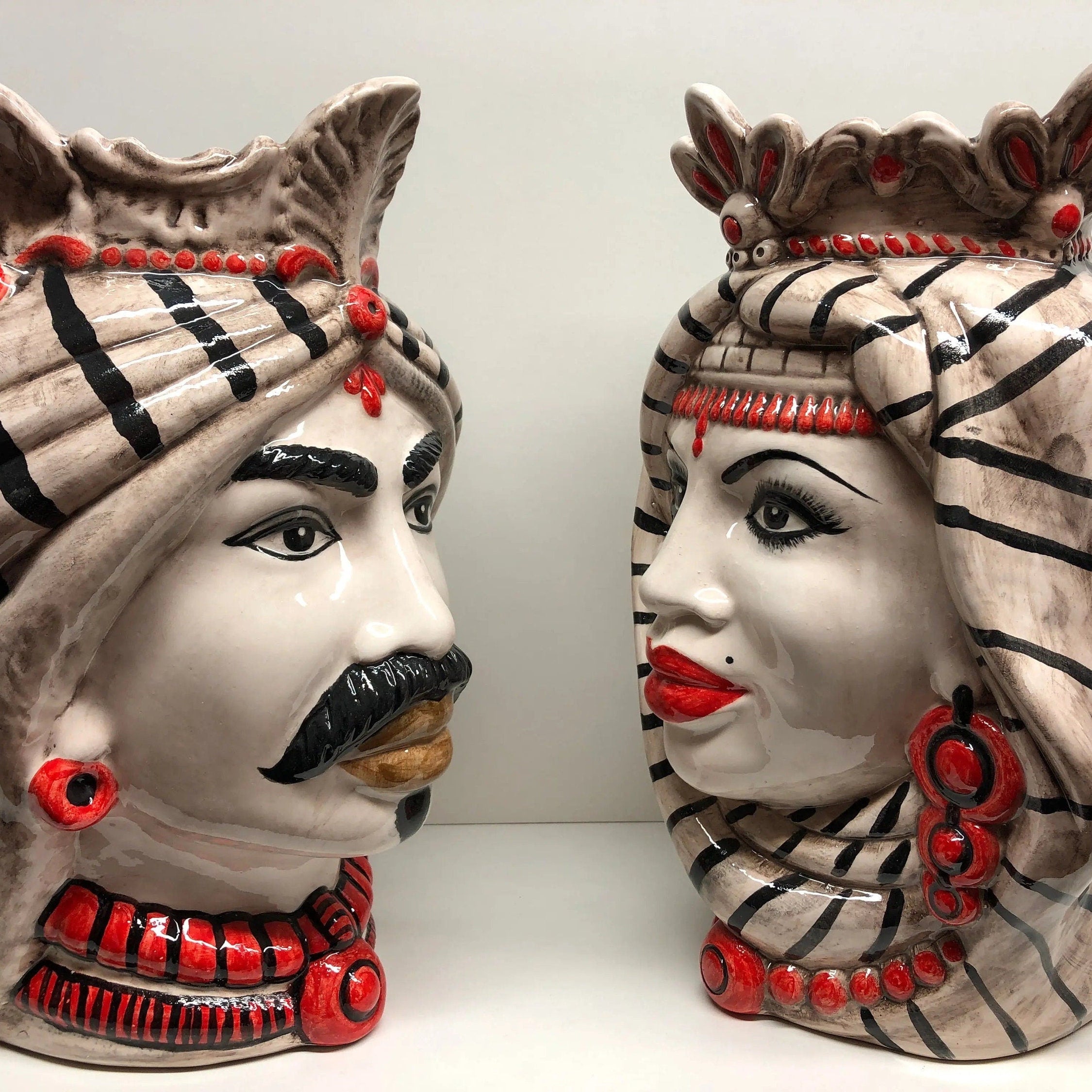 Teste di Moro Afro Ceramica Caltagirone cm H.35 L.23 Artigianale Turbante Striscie DD CERAMICHE SICILIANE