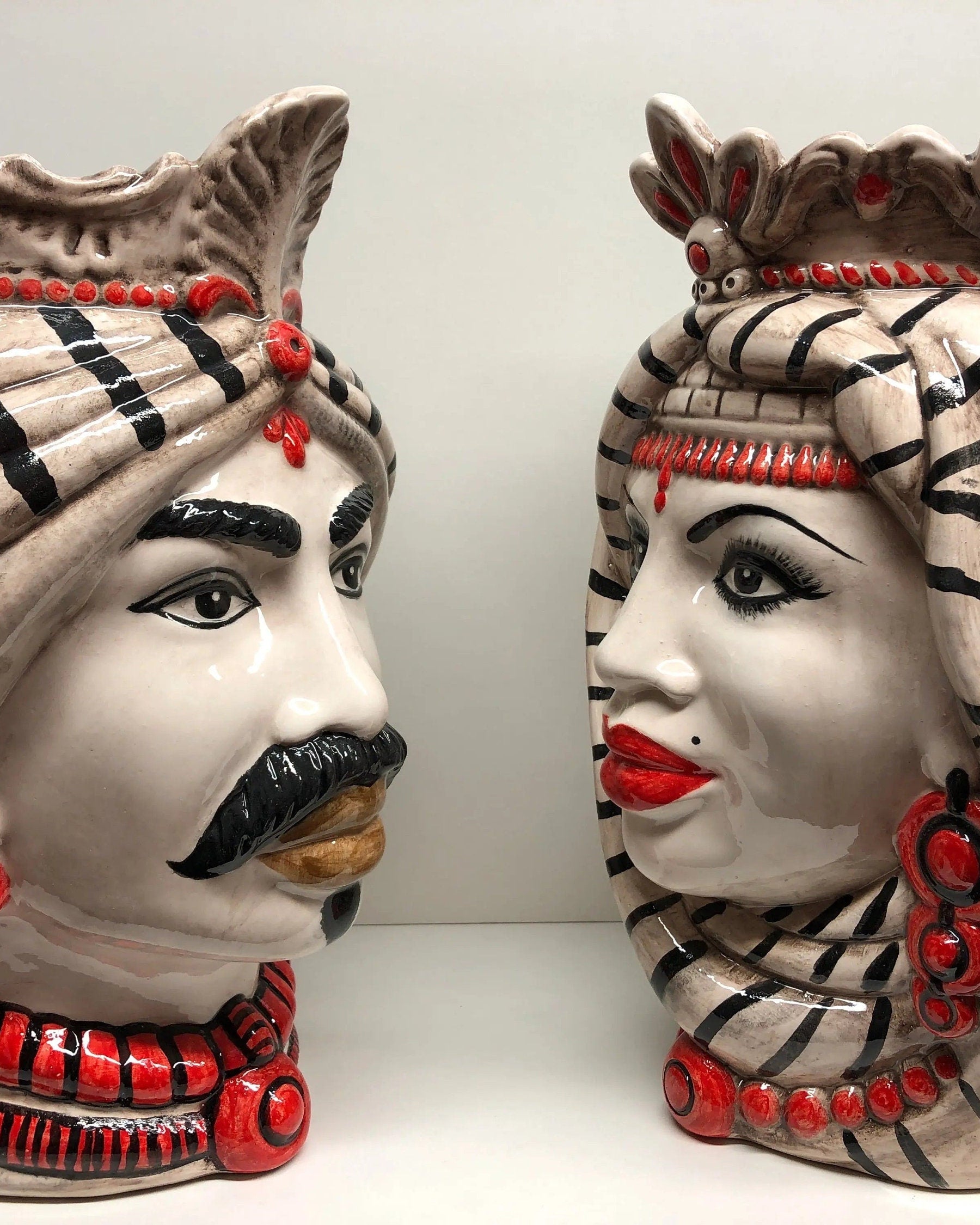 Teste di Moro Afro Ceramica Caltagirone cm H.35 L.23 Artigianale Turbante Striscie DD CERAMICHE SICILIANE