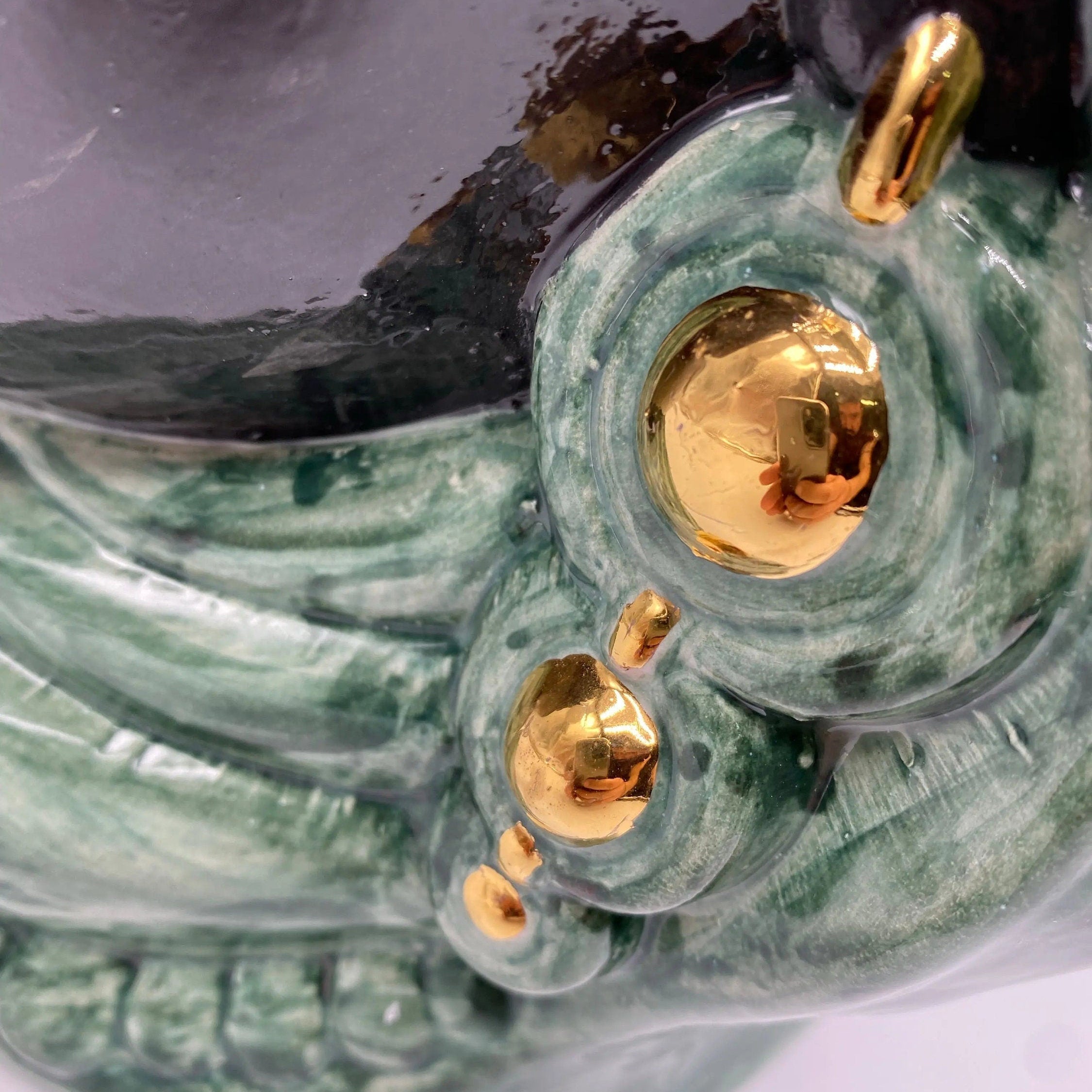 Teste di Moro Afro Ceramica Caltagirone cm H.35 L.23 Artigianale Verde con Oro DD CERAMICHE SICILIANE