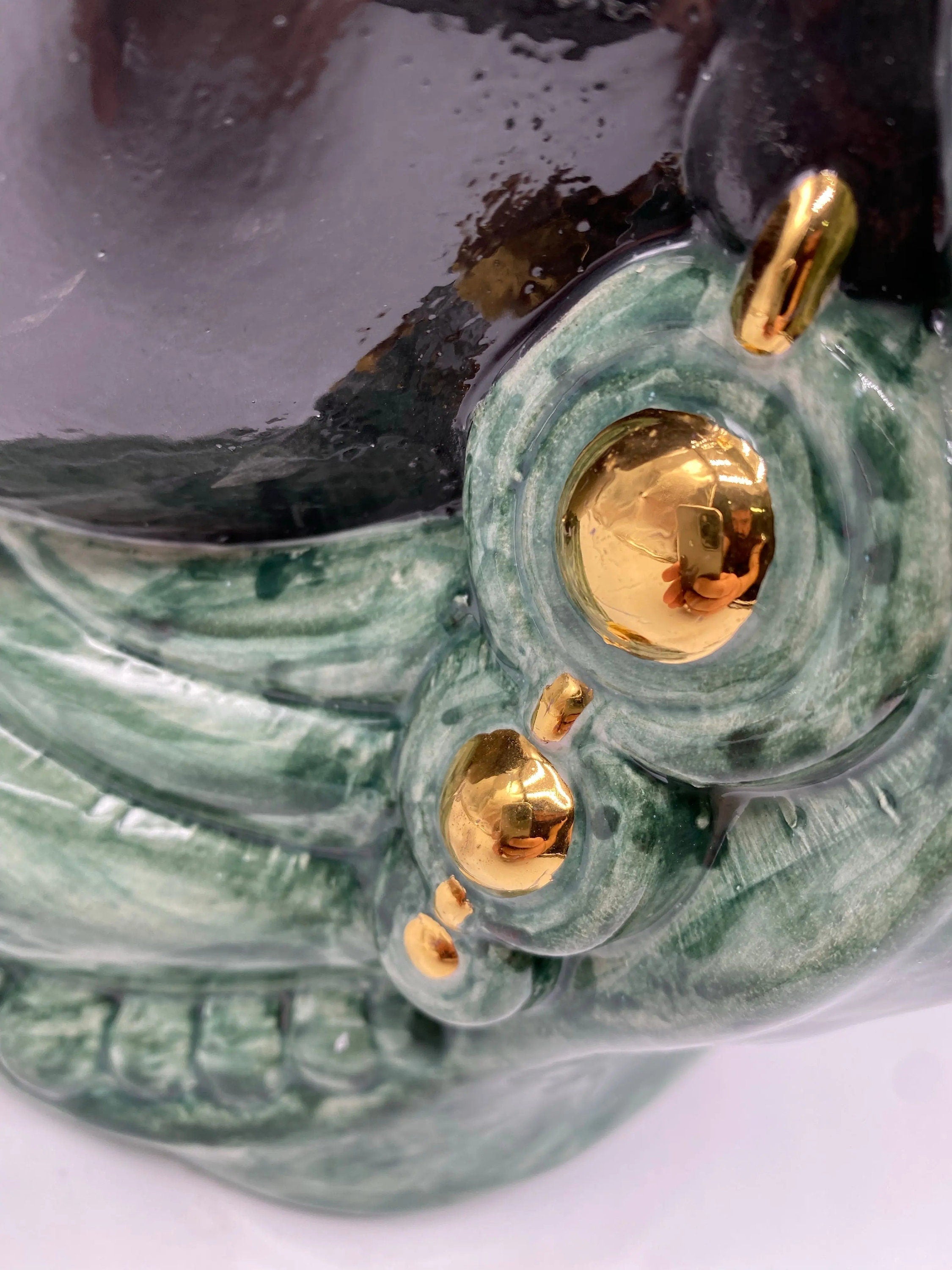 Teste di Moro Afro Ceramica Caltagirone cm H.35 L.23 Artigianale Verde con Oro DD CERAMICHE SICILIANE