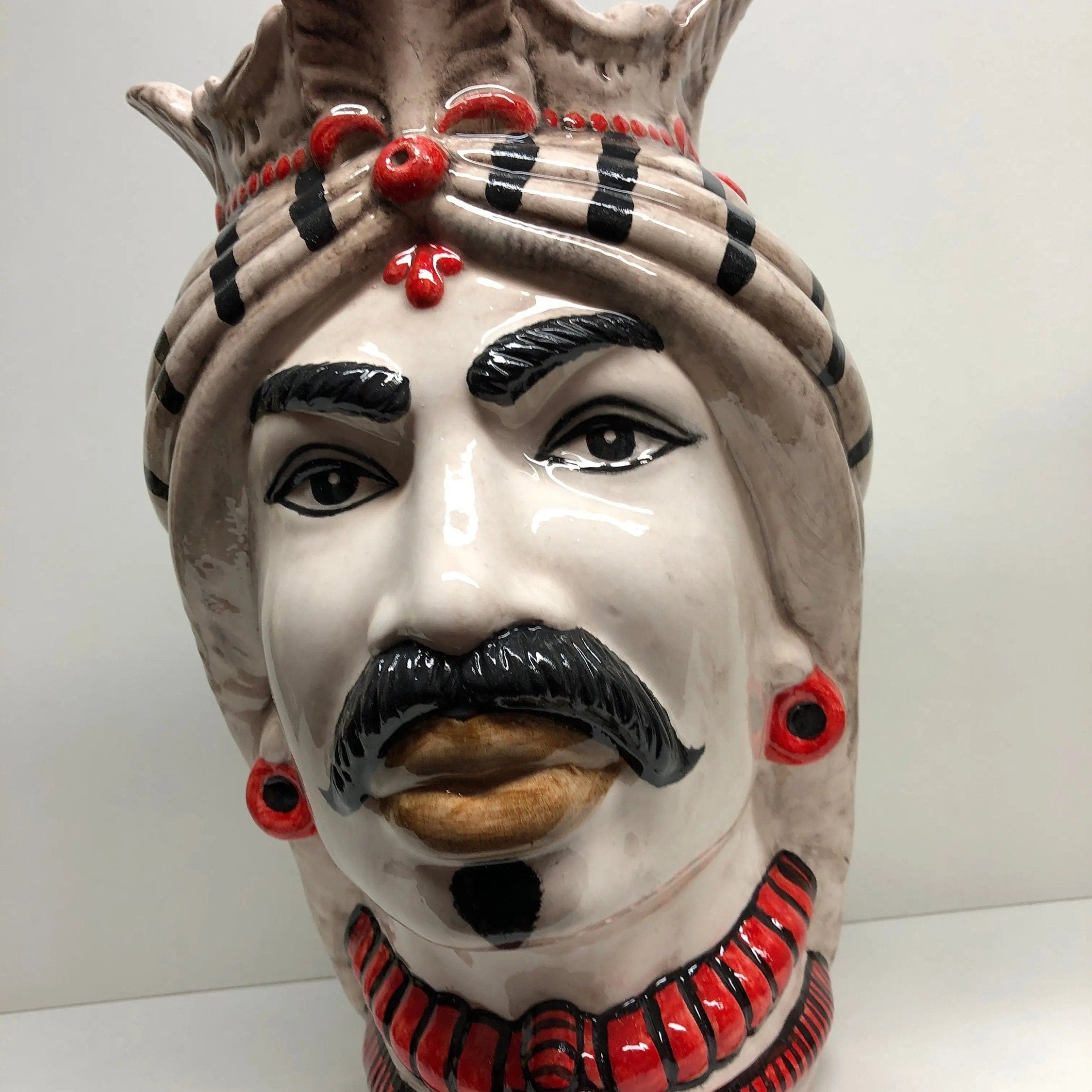 Teste di Moro Afro Ceramica Caltagirone cm H.35 L.23 Artigianale Turbante Striscie DD CERAMICHE SICILIANE