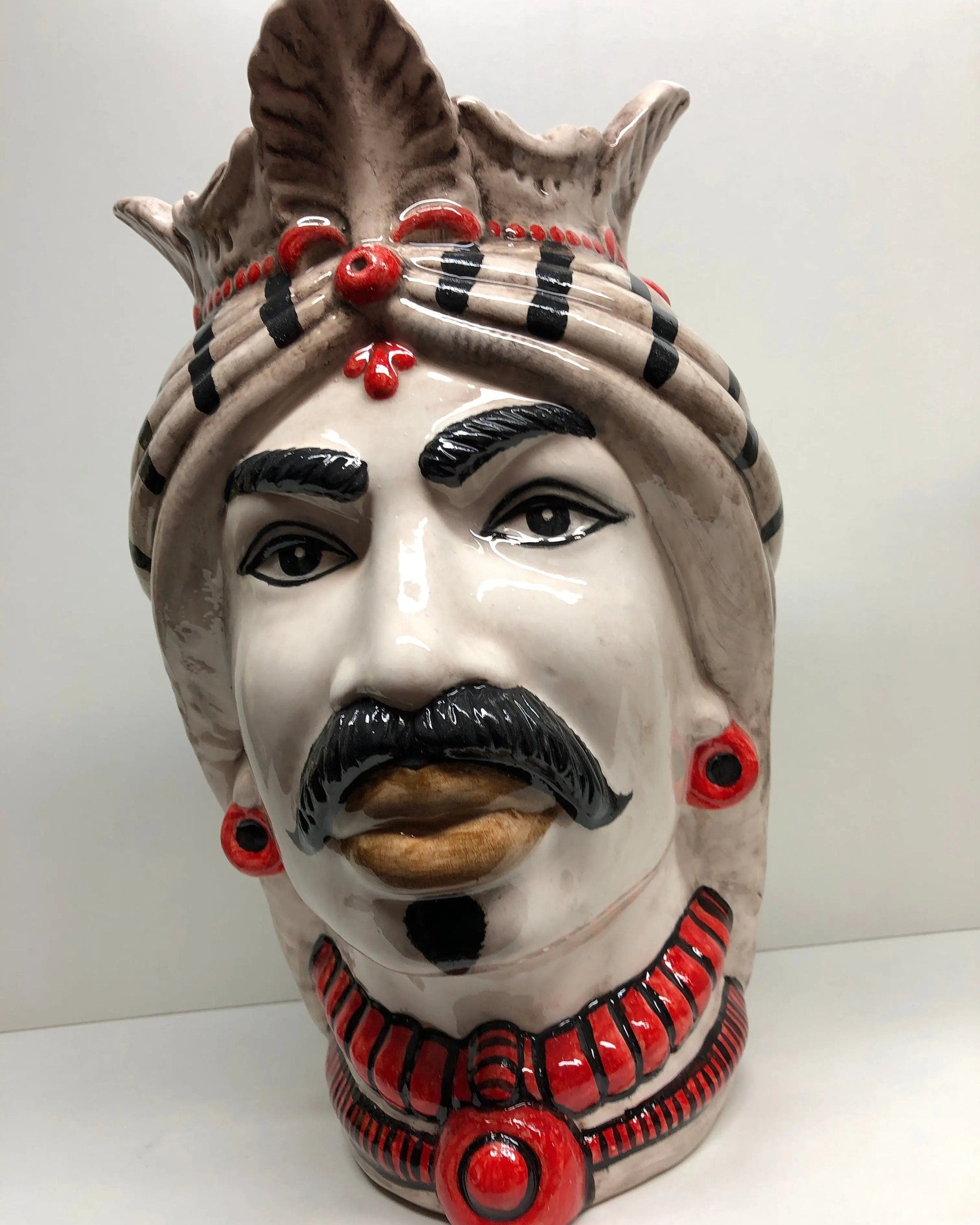 Teste di Moro Afro Ceramica Caltagirone cm H.35 L.23 Artigianale Turbante Striscie DD CERAMICHE SICILIANE