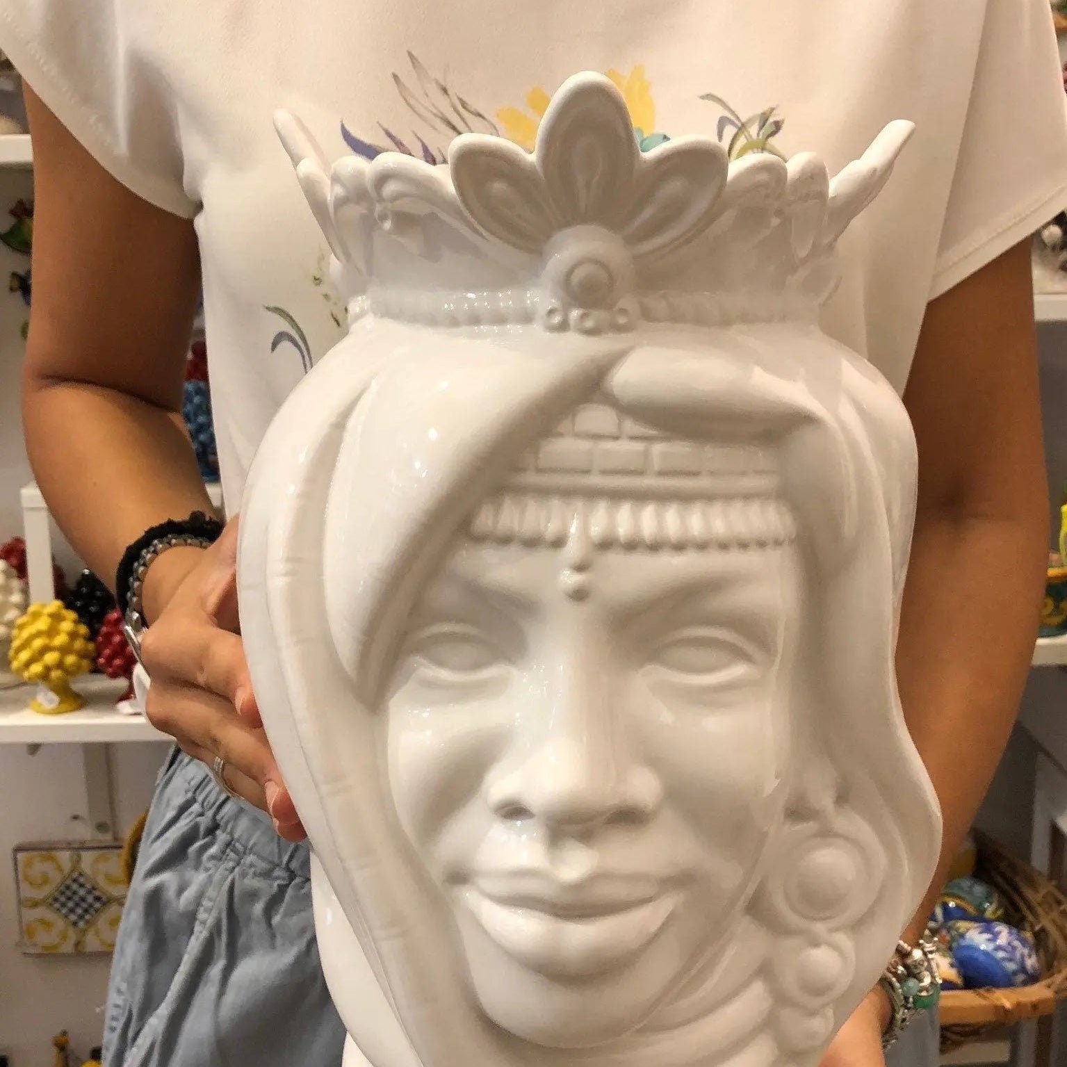 Teste di Moro Afro Ceramica Caltagirone cm H.35 L.23 Artigianale Bianco DD CERAMICHE SICILIANE