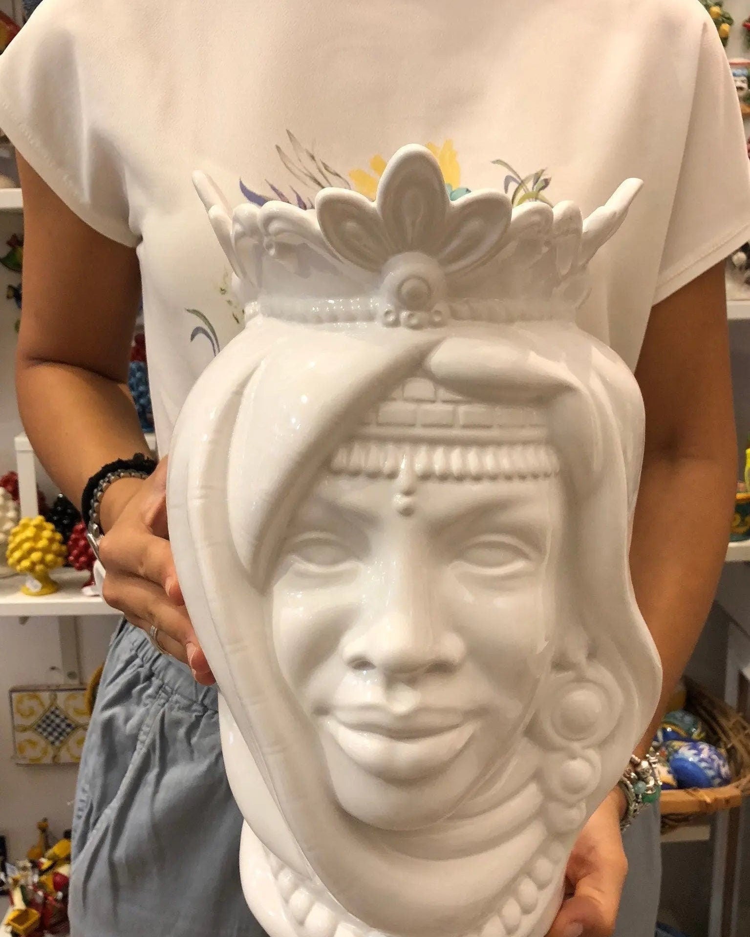 Teste di Moro Afro Ceramica Caltagirone cm H.35 L.23 Artigianale Bianco DD CERAMICHE SICILIANE