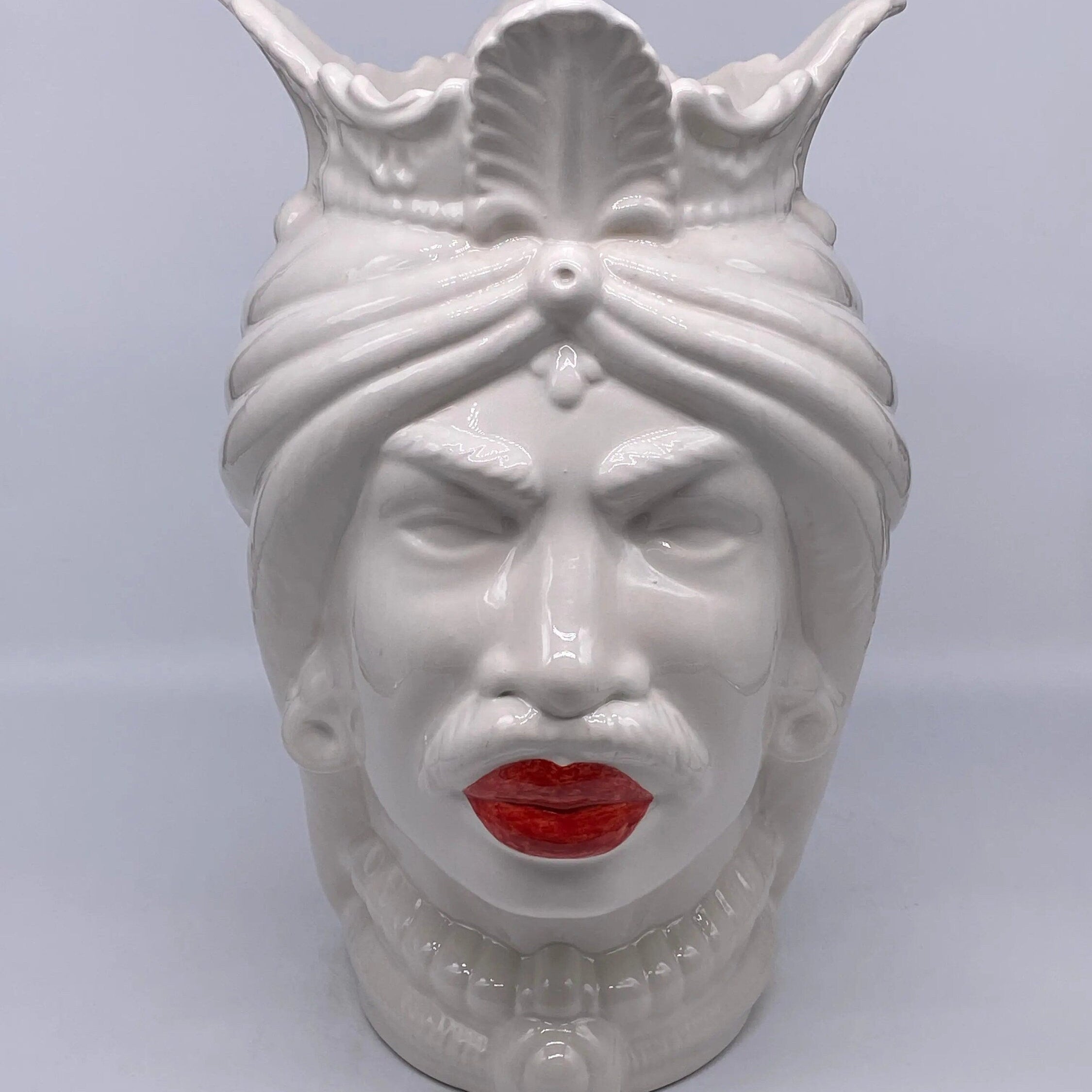 Teste di Moro Afro Ceramica Caltagirone cm H.37 L.24 Artigianale Bianco Labbra Rosse DD CERAMICHE SICILIANE