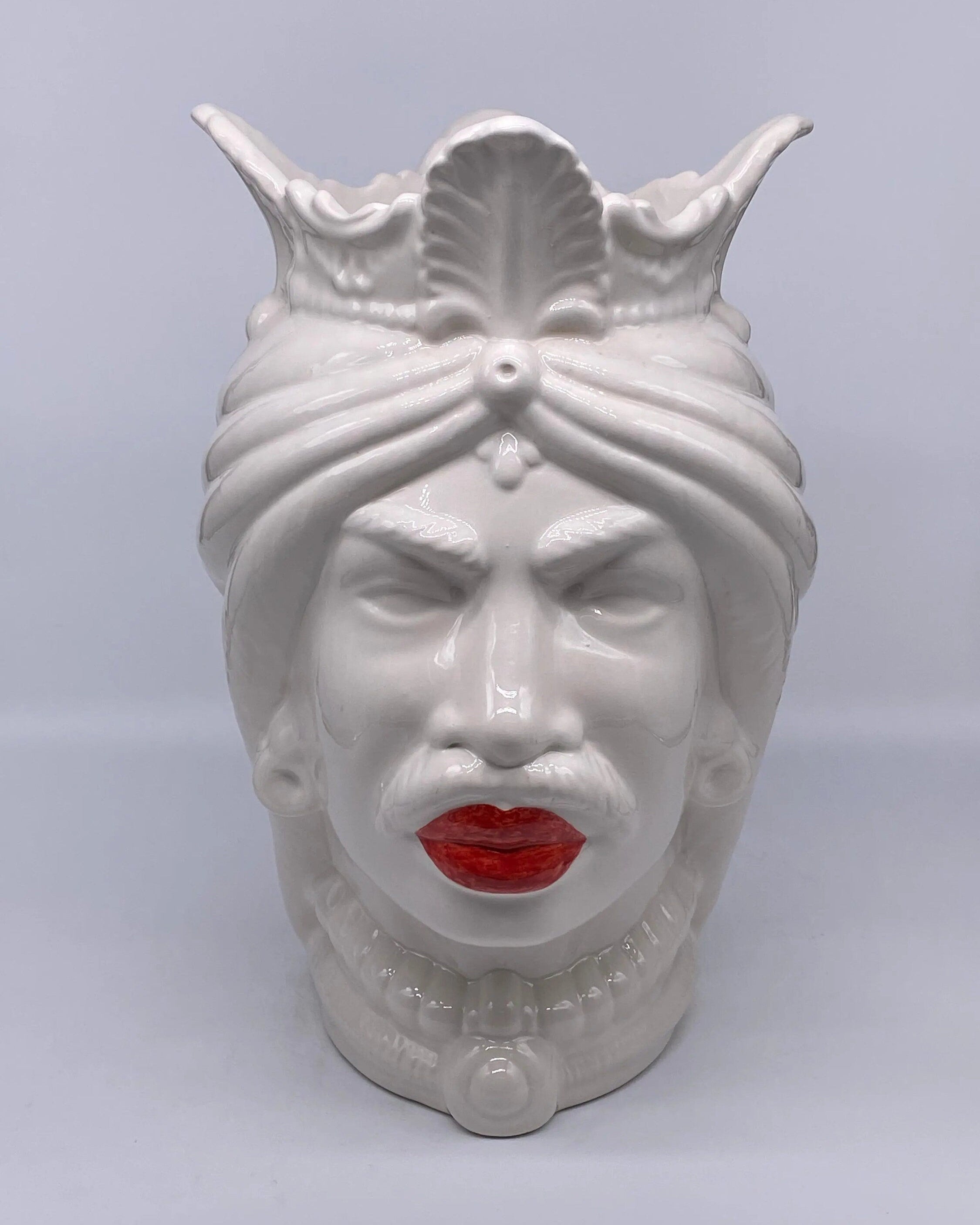 Teste di Moro Afro Ceramica Caltagirone cm H.37 L.24 Artigianale Bianco Labbra Rosse DD CERAMICHE SICILIANE