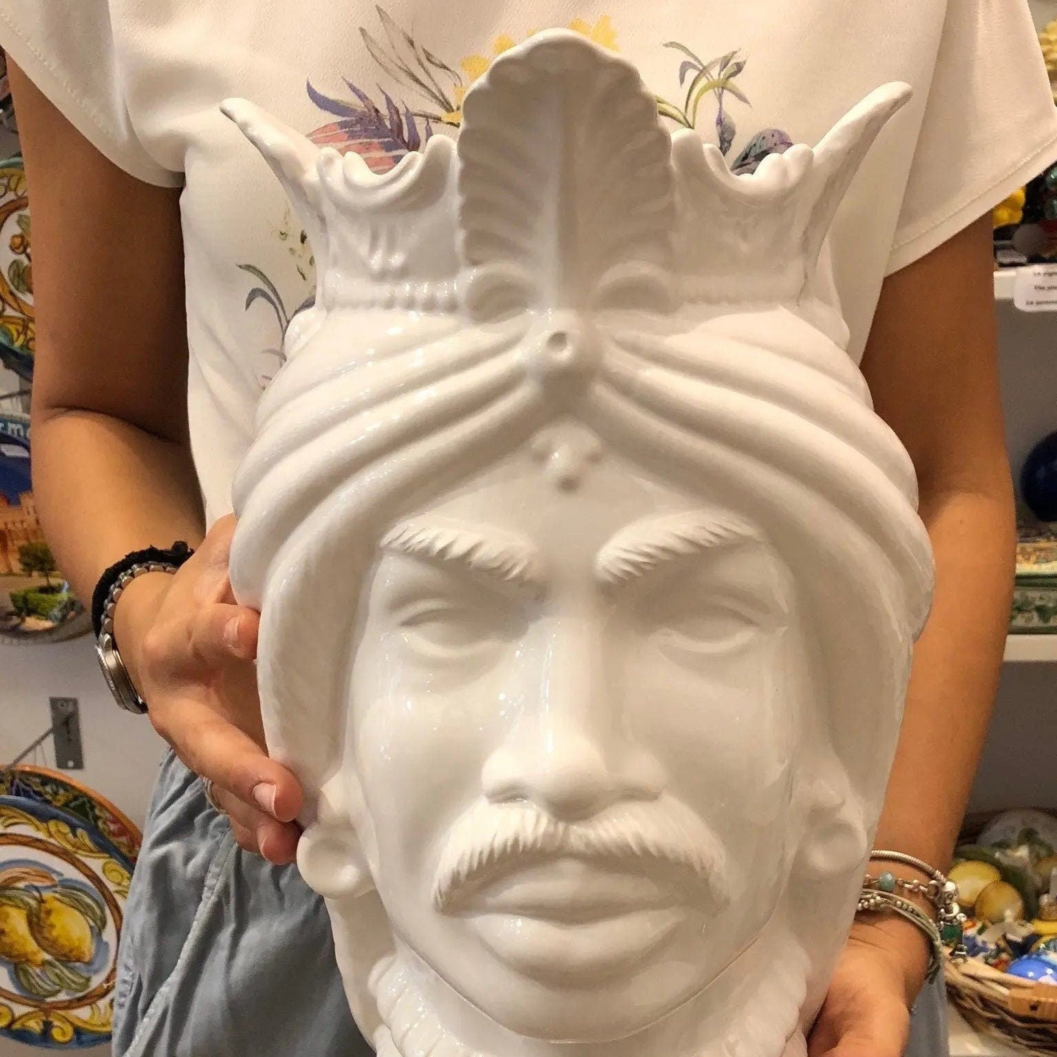 Teste di Moro Afro Ceramica Caltagirone cm H.35 L.23 Artigianale Bianco DD CERAMICHE SICILIANE