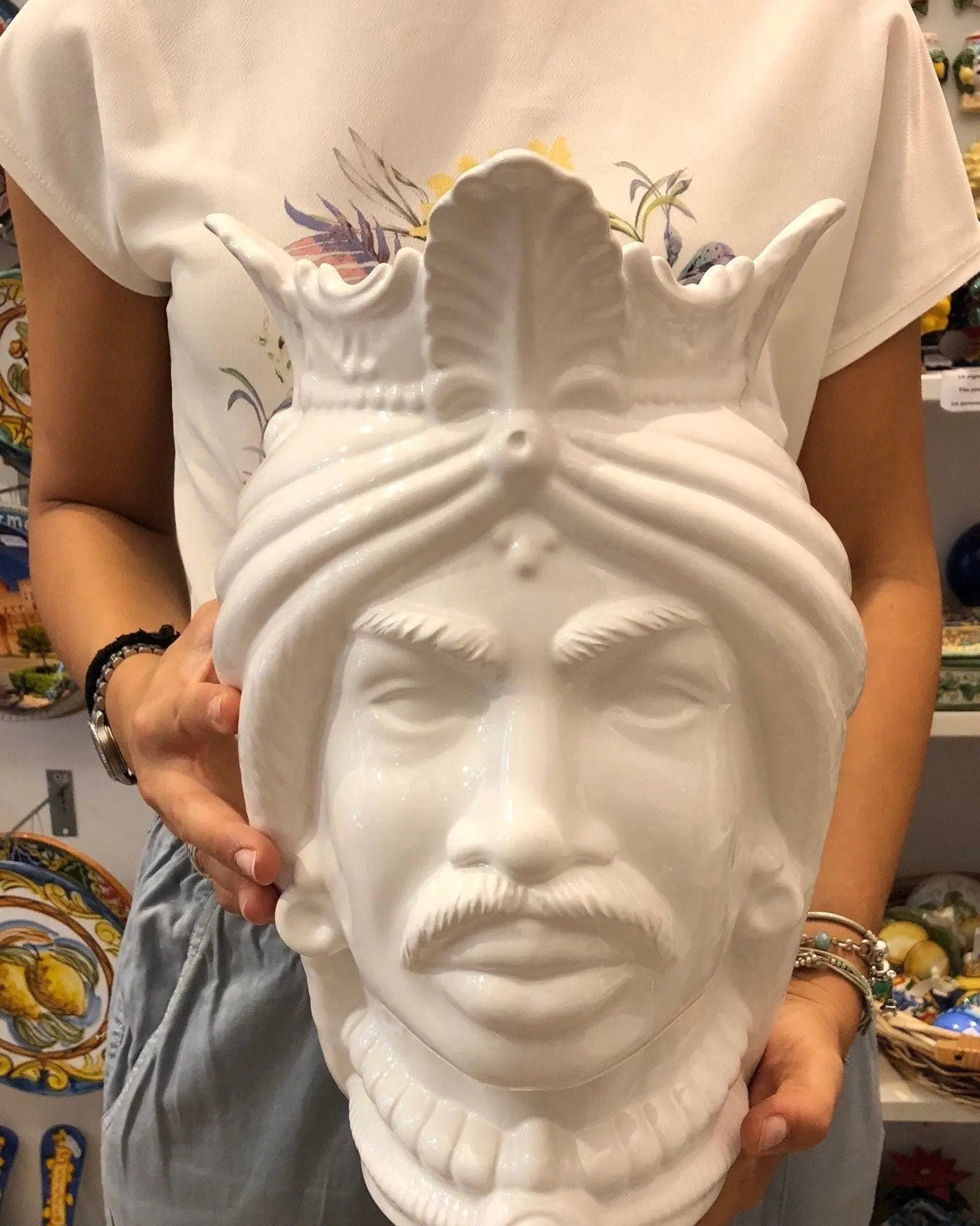 Teste di Moro Afro Ceramica Caltagirone cm H.35 L.23 Artigianale Bianco DD CERAMICHE SICILIANE