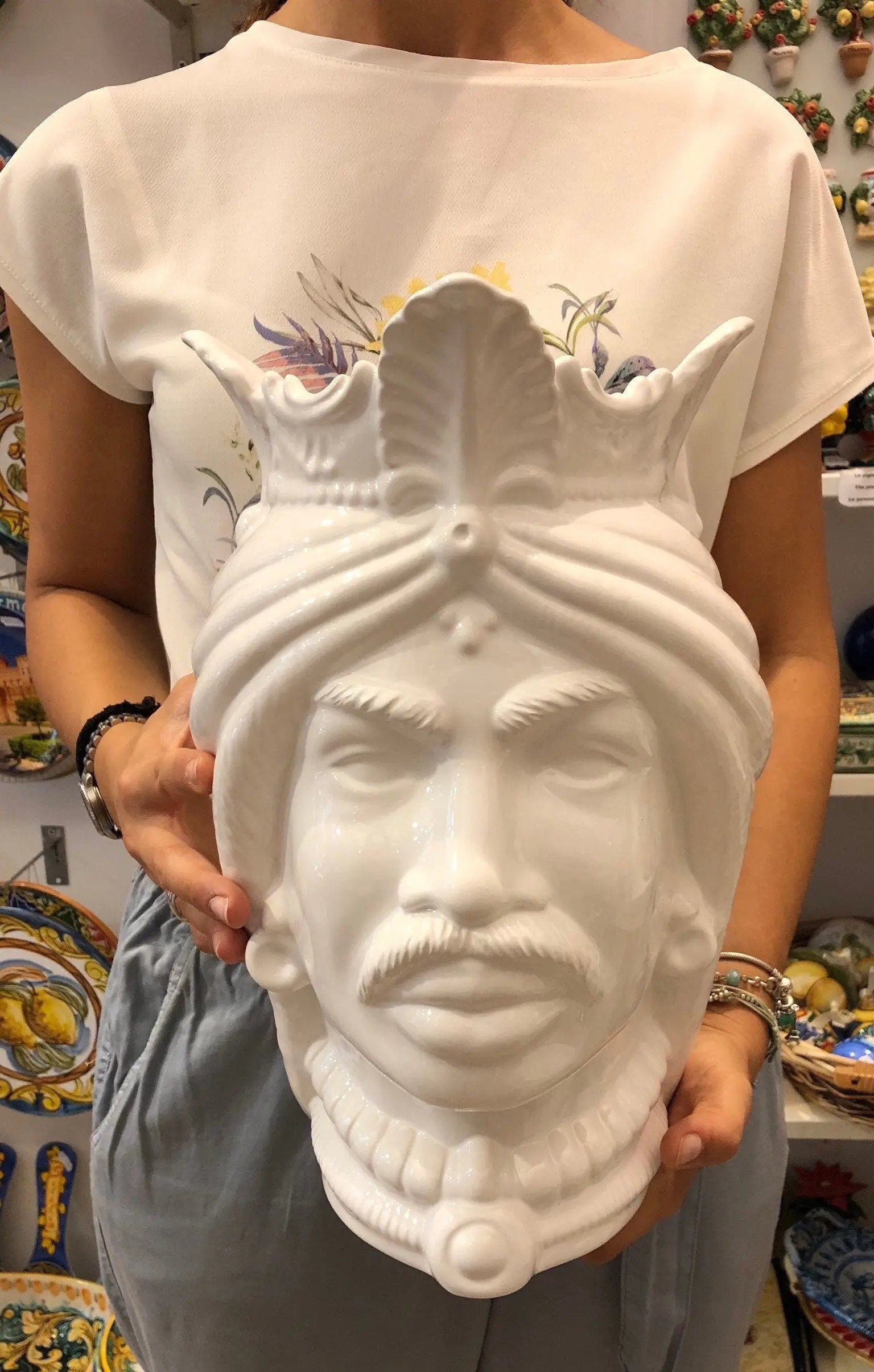 Teste di Moro Afro Ceramica Caltagirone cm H.35 L.23 Artigianale Bianco DD CERAMICHE SICILIANE