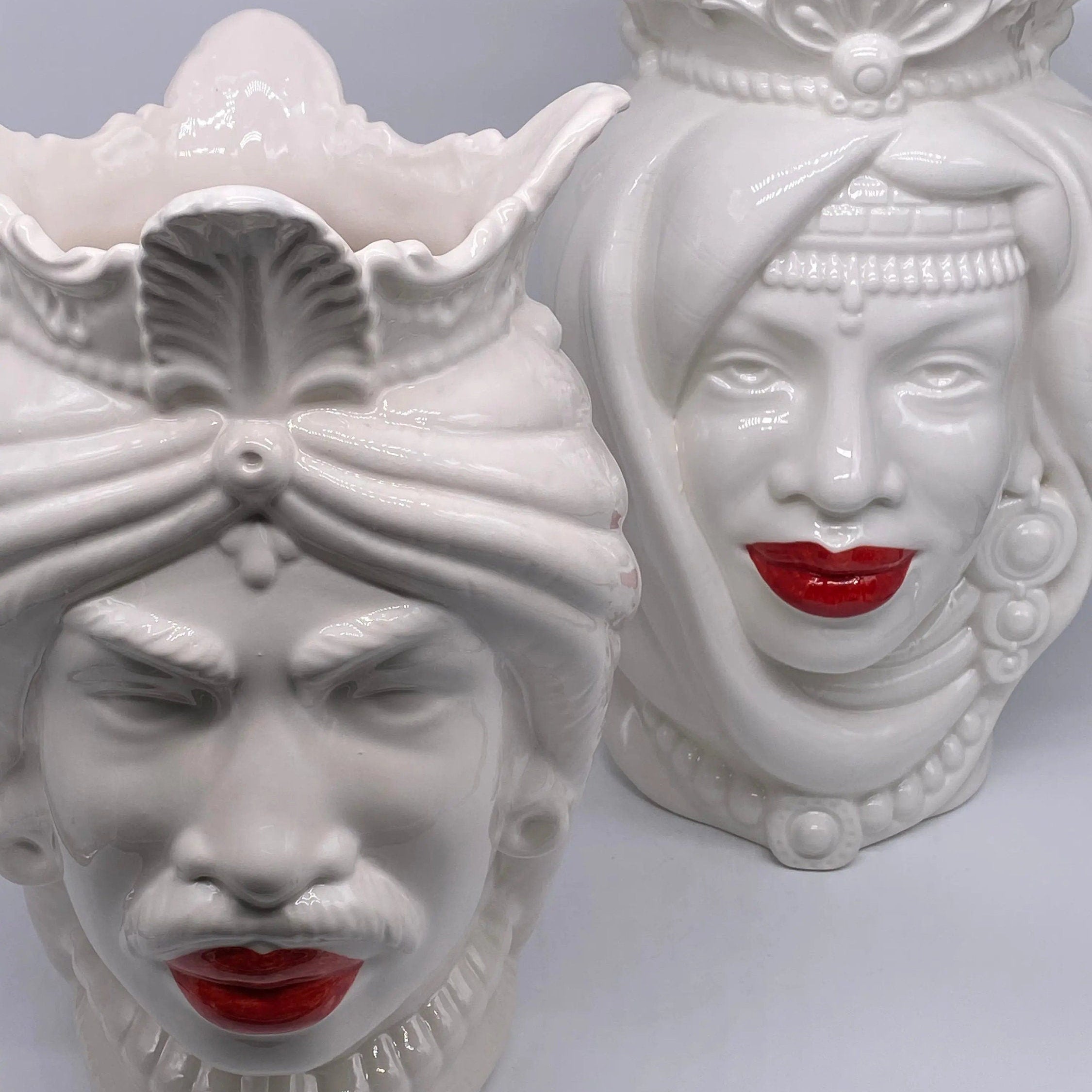 Teste di Moro Afro Ceramica Caltagirone cm H.37 L.24 Artigianale Bianco Labbra Rosse DD CERAMICHE SICILIANE