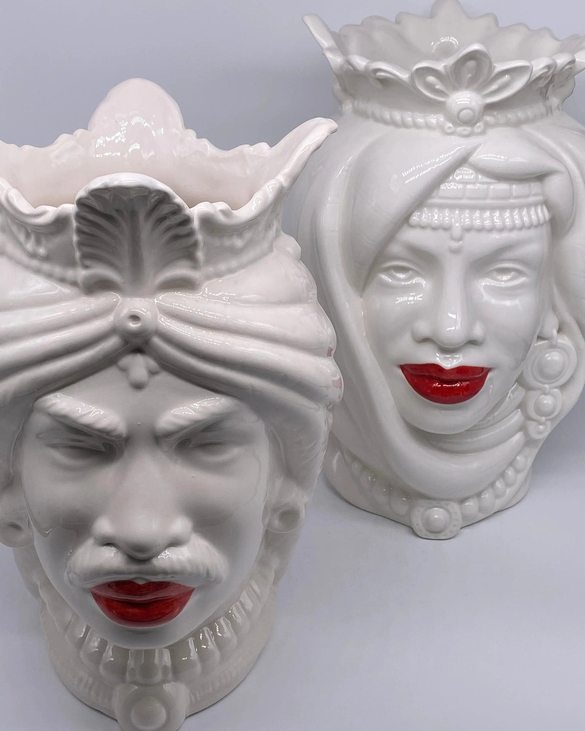 Teste di Moro Afro Ceramica Caltagirone cm H.37 L.24 Artigianale Bianco Labbra Rosse DD CERAMICHE SICILIANE