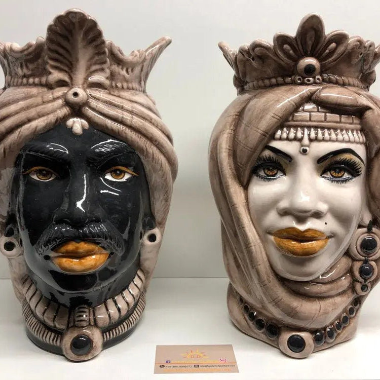 Teste di Moro Afro Ceramica Caltagirone cm H.35 L.23 Artigianale Beige Écru DD CERAMICHE SICILIANE