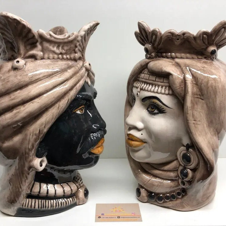 Teste di Moro Afro Ceramica Caltagirone cm H.35 L.23 Artigianale Beige Écru DD CERAMICHE SICILIANE