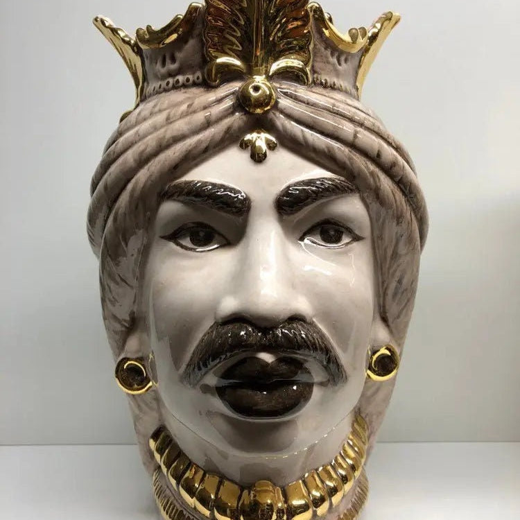 Teste di Moro Afro Ceramica Caltagirone cm H.35 L.23 Artigianale Écru dettagli Oro DD CERAMICHE SICILIANE