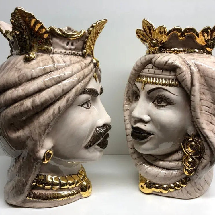Teste di Moro Afro Ceramica Caltagirone cm H.35 L.23 Artigianale Écru dettagli Oro DD CERAMICHE SICILIANE