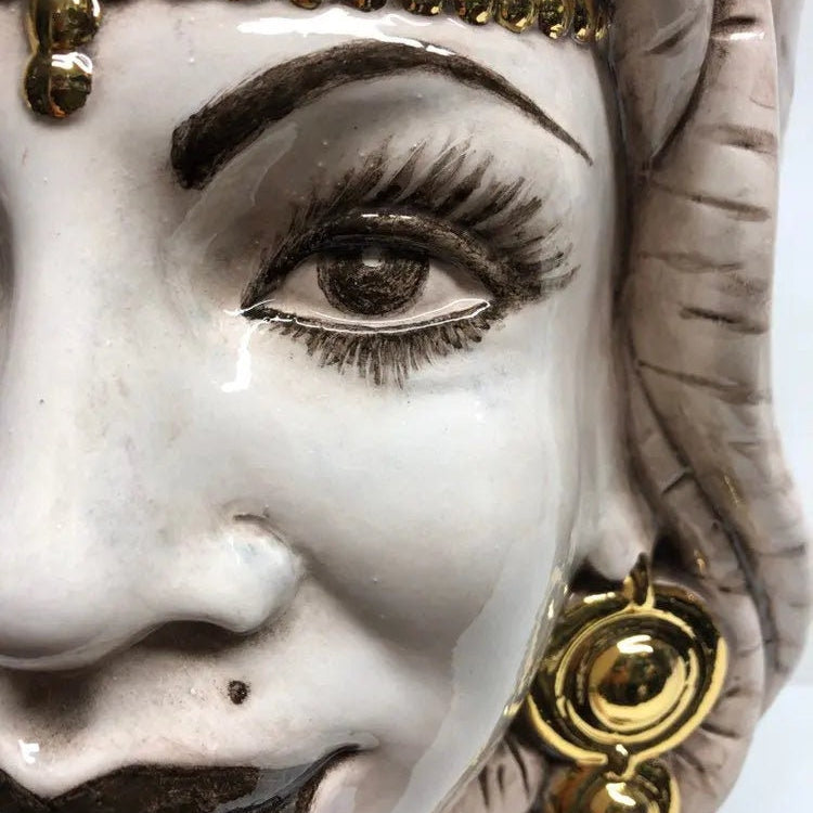 Teste di Moro Afro Ceramica Caltagirone cm H.35 L.23 Artigianale Écru dettagli Oro DD CERAMICHE SICILIANE
