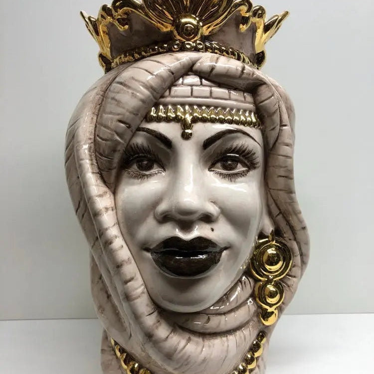 Teste di Moro Afro Ceramica Caltagirone cm H.35 L.23 Artigianale Écru dettagli Oro DD CERAMICHE SICILIANE