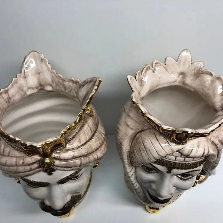 Teste di Moro Afro Ceramica Caltagirone cm H.35 L.23 Artigianale Écru dettagli Oro DD CERAMICHE SICILIANE
