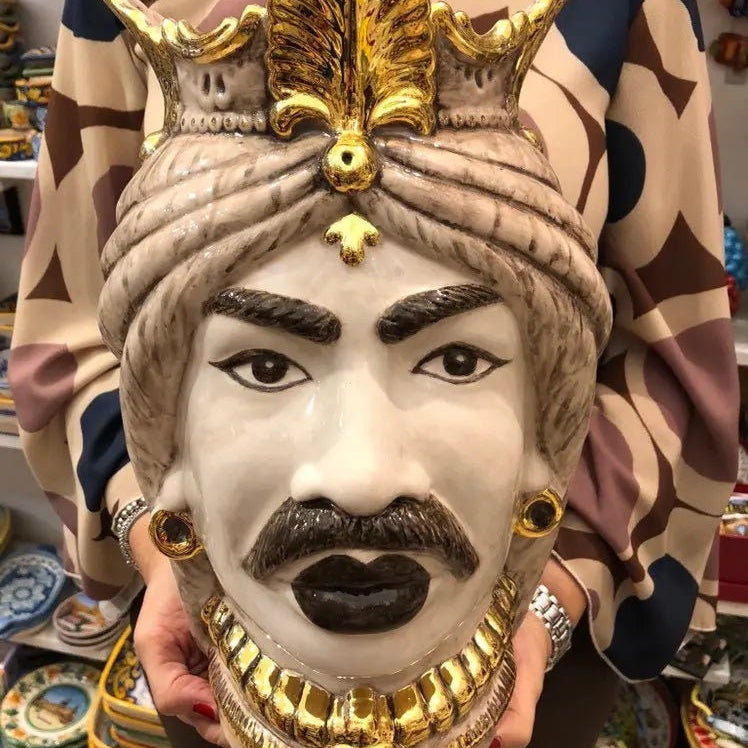 Teste di Moro Afro Ceramica Caltagirone cm H.35 L.23 Artigianale Écru dettagli Oro DD CERAMICHE SICILIANE