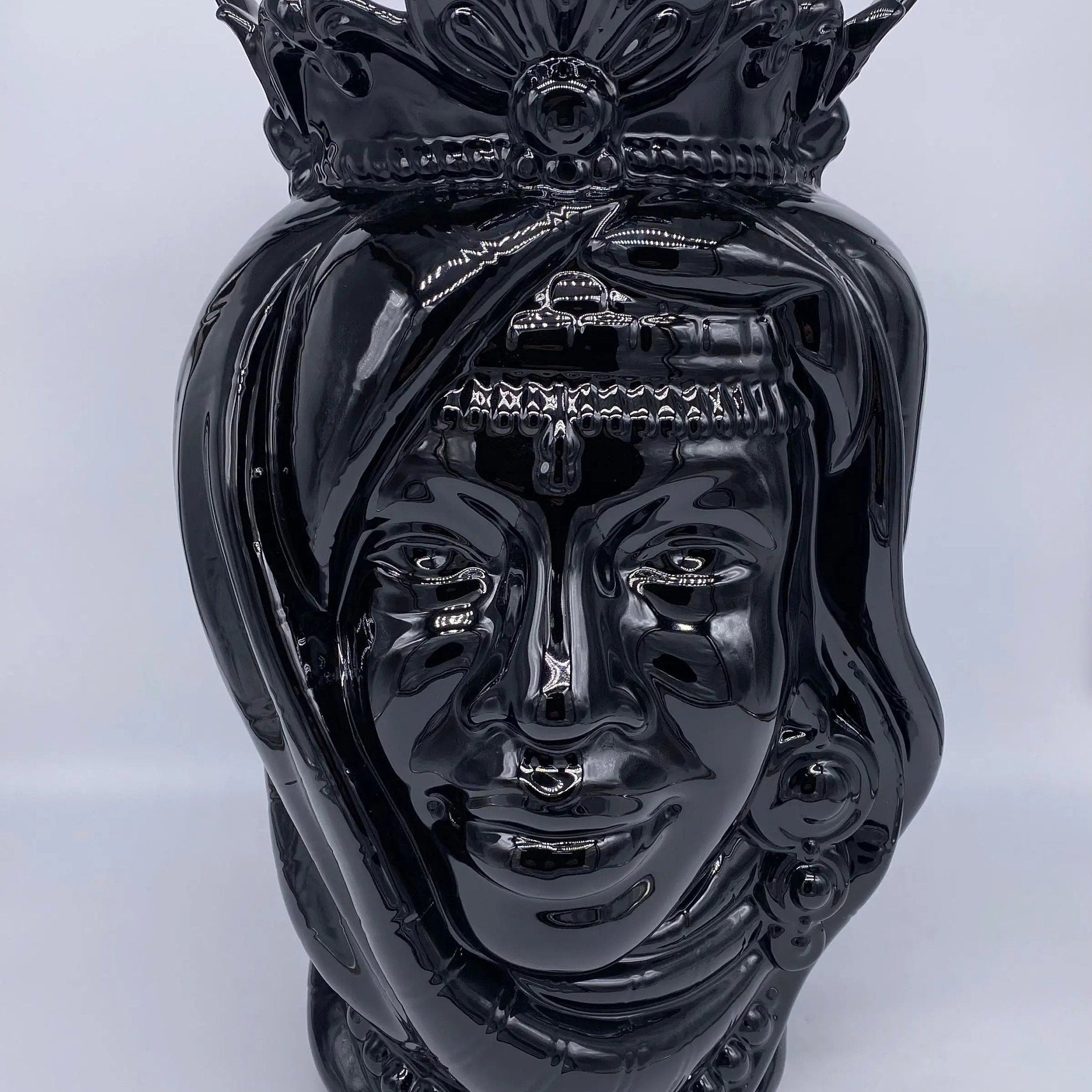 Teste di Moro Afro Ceramica Caltagirone cm H.37 L.24 Artigianale Nero Lucido DD CERAMICHE SICILIANE