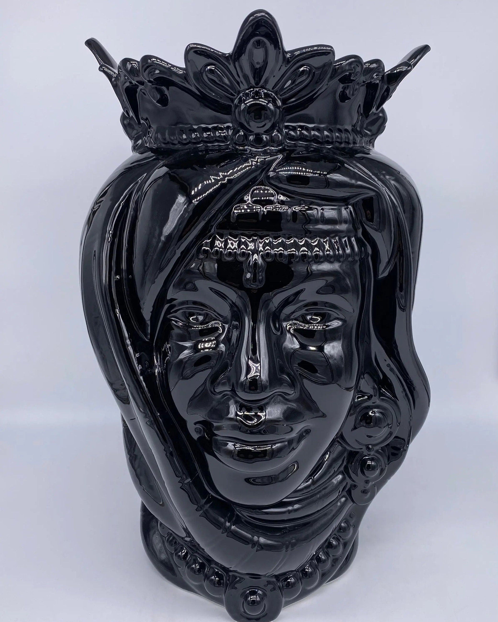 Teste di Moro Afro Ceramica Caltagirone cm H.37 L.24 Artigianale Nero Lucido DD CERAMICHE SICILIANE