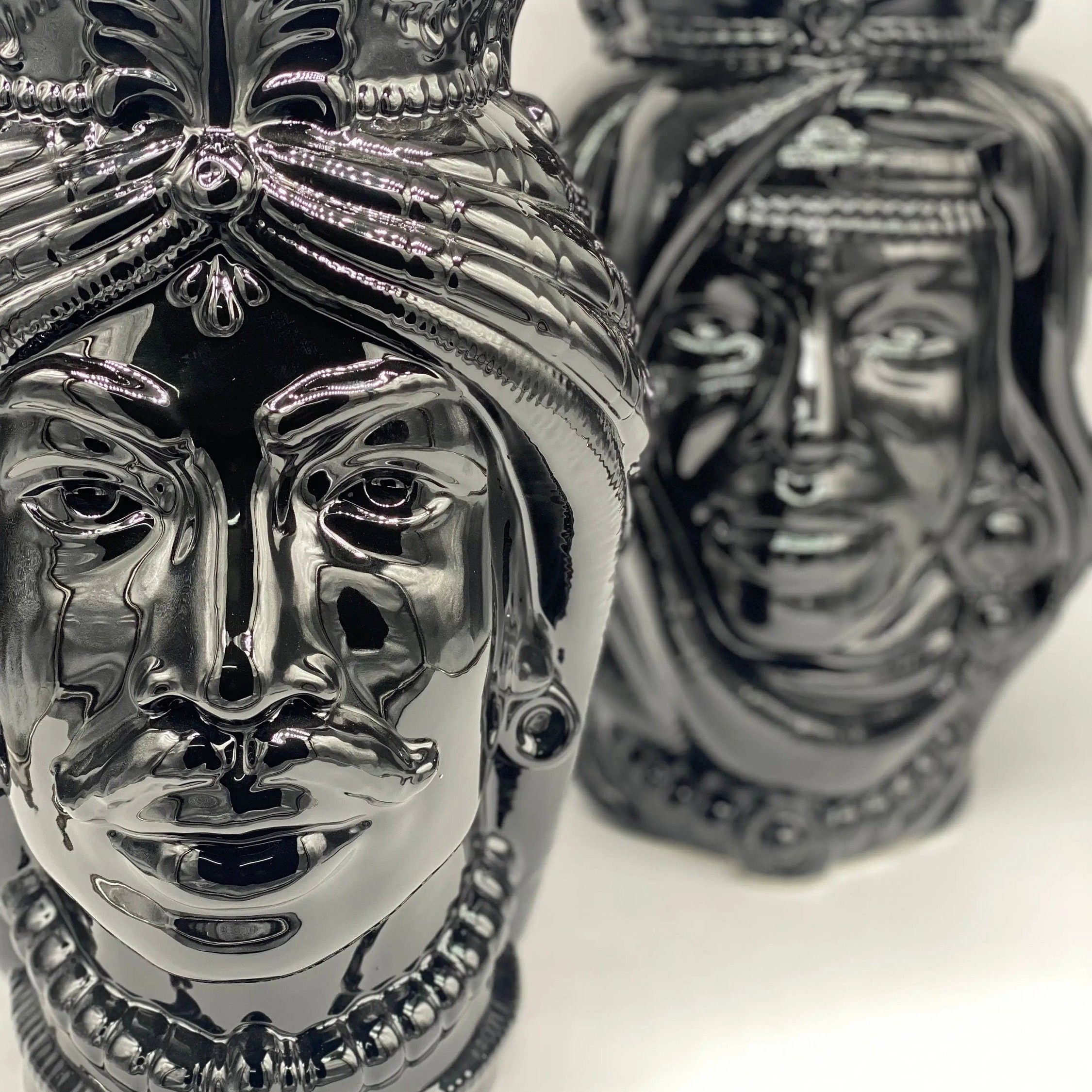 Teste di Moro Afro Ceramica Caltagirone cm H.37 L.24 Artigianale Nero Lucido DD CERAMICHE SICILIANE