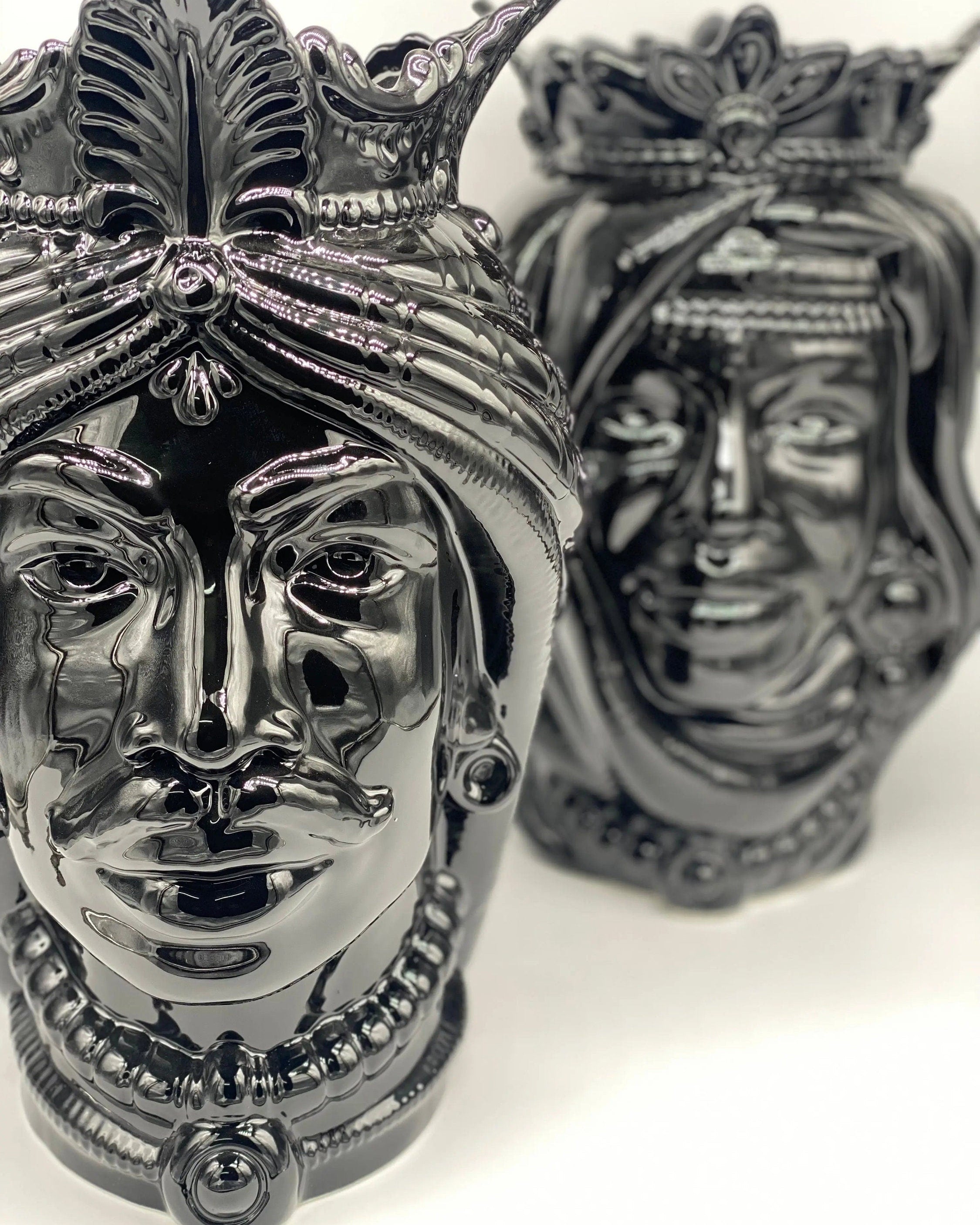 Teste di Moro Afro Ceramica Caltagirone cm H.37 L.24 Artigianale Nero Lucido DD CERAMICHE SICILIANE