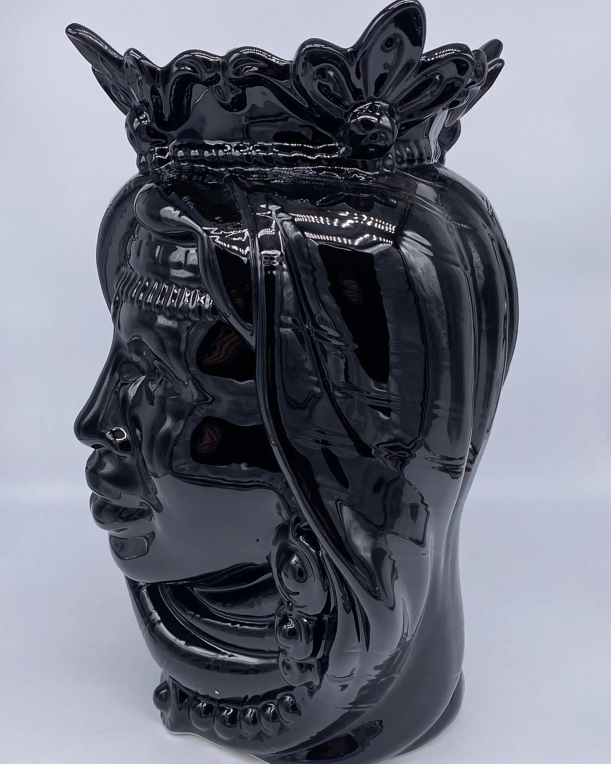 Teste di Moro Afro Ceramica Caltagirone cm H.37 L.24 Artigianale Nero Lucido DD CERAMICHE SICILIANE