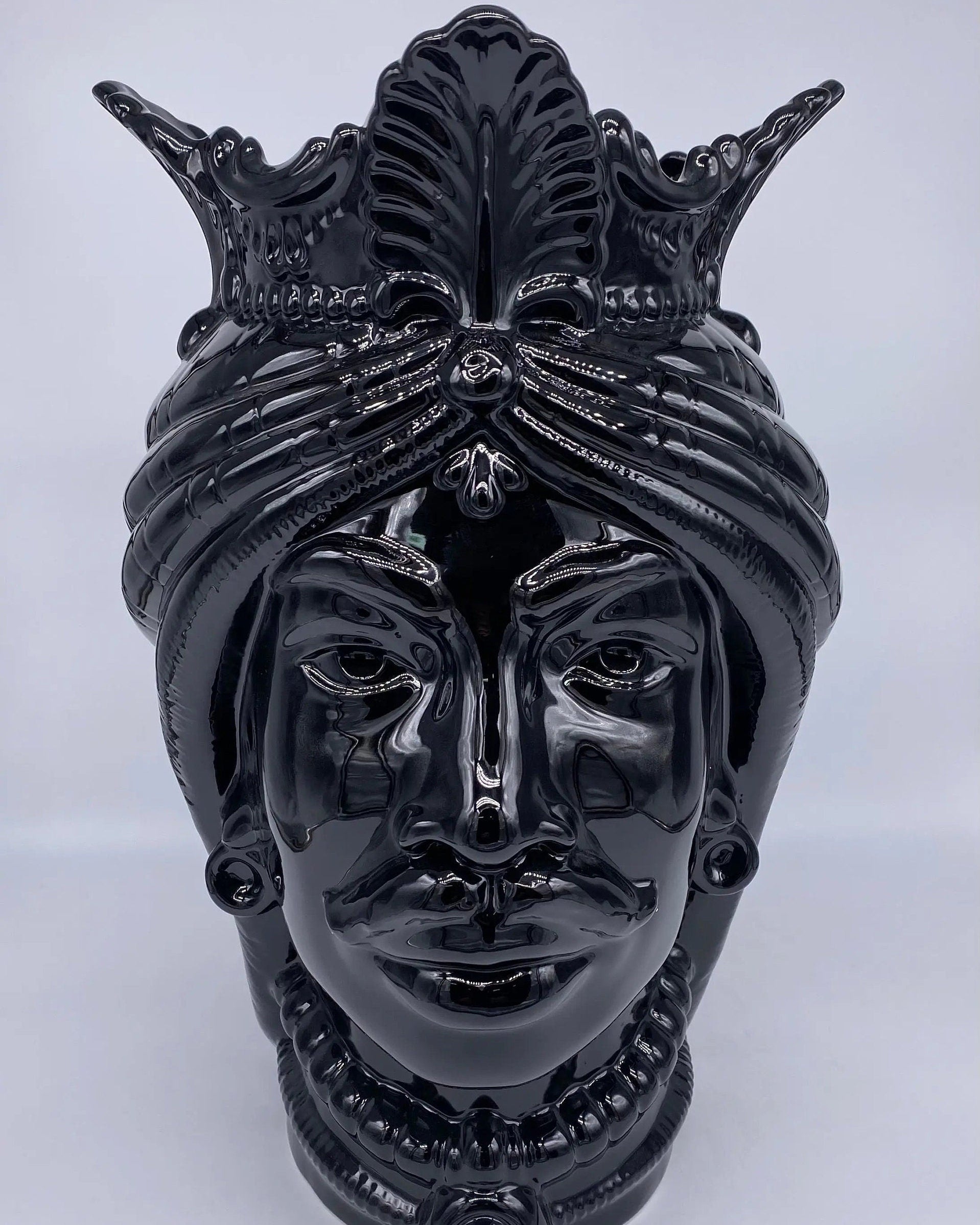 Teste di Moro Afro Ceramica Caltagirone cm H.37 L.24 Artigianale Nero Lucido DD CERAMICHE SICILIANE