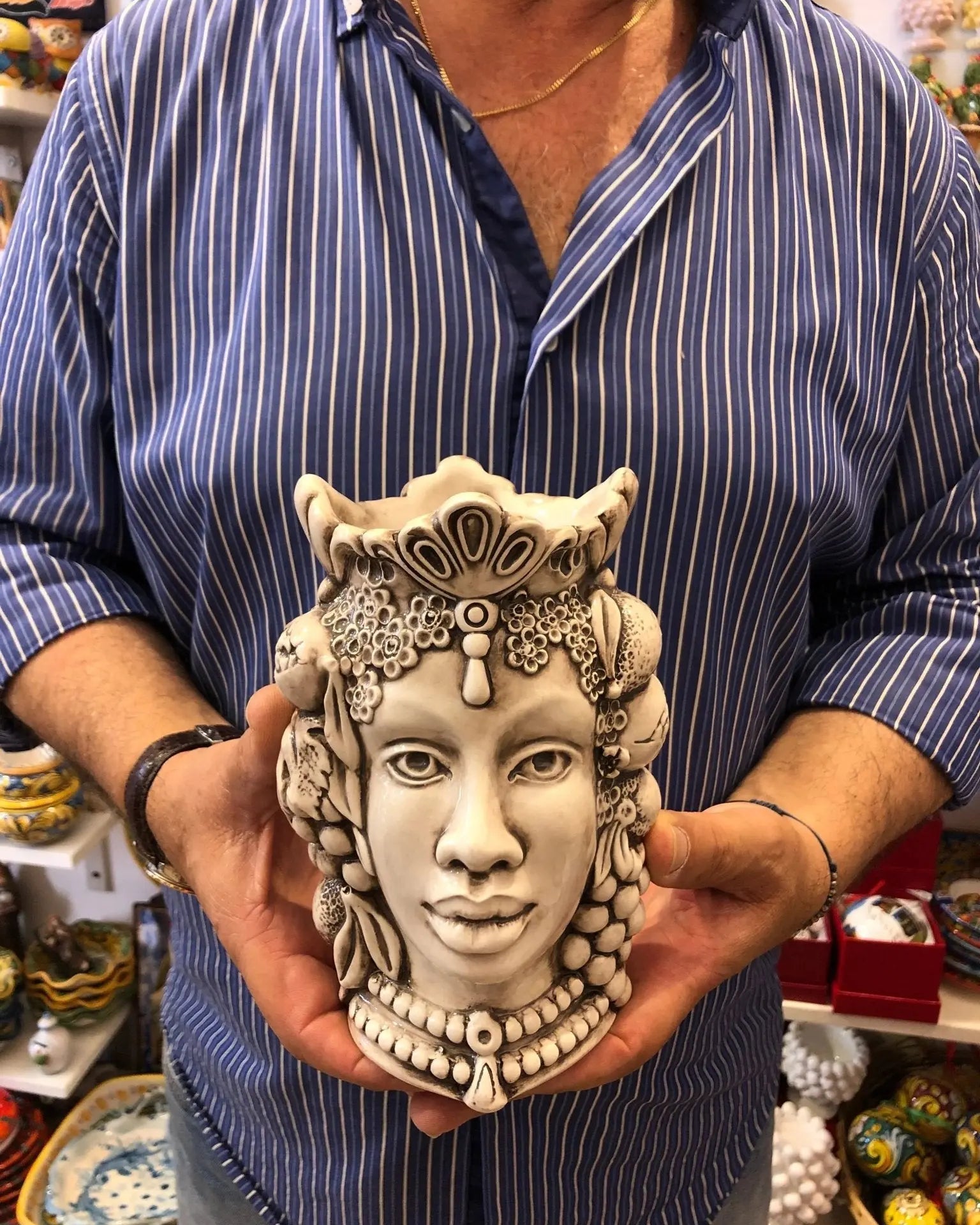 Teste di Moro Afro Frutta Ceramica Caltagirone cm H.18 L.12 Artigianale Beige - DD CERAMICHE SICILIANE