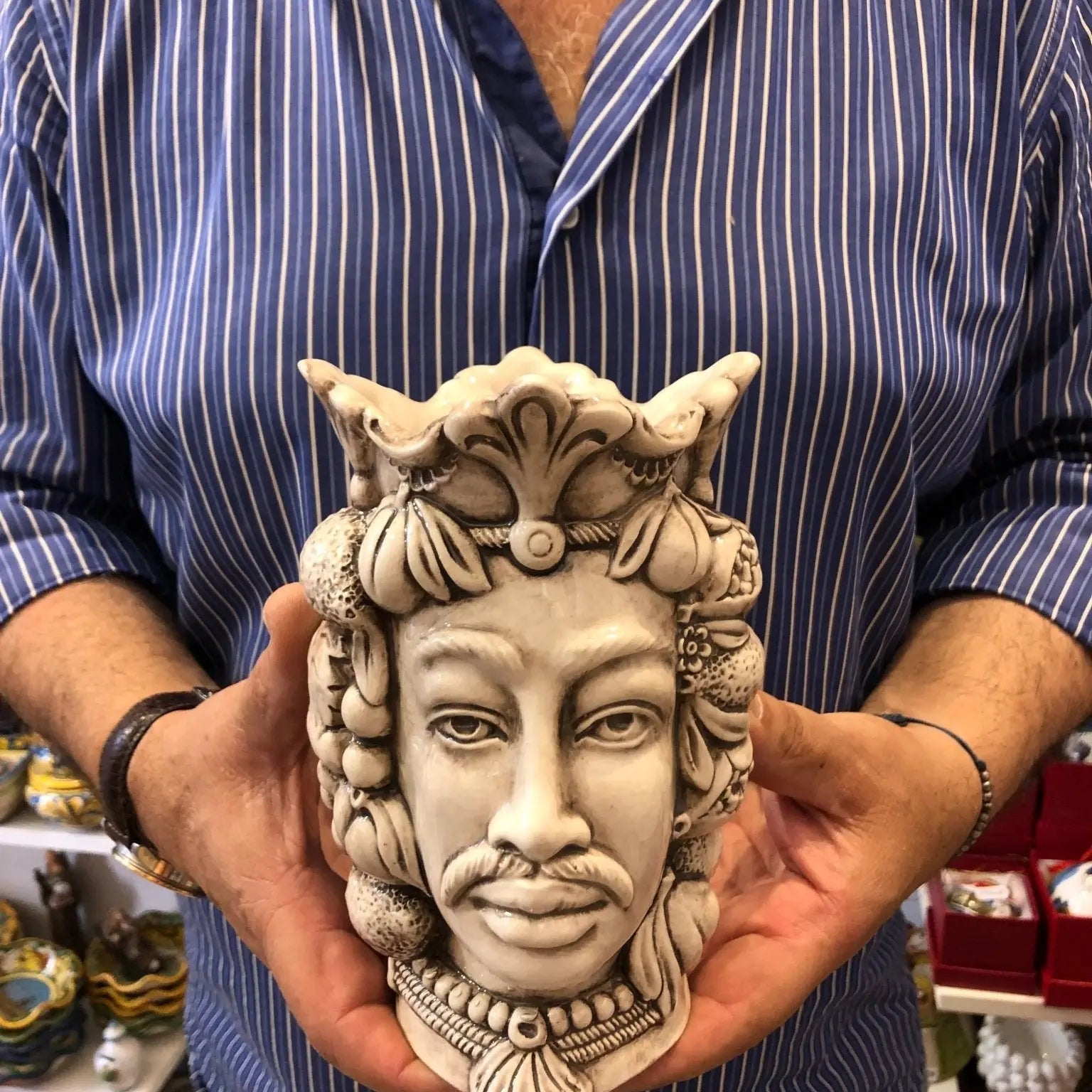 Teste di Moro Afro Frutta Ceramica Caltagirone cm H.18 L.12 Artigianale Beige - DD CERAMICHE SICILIANE