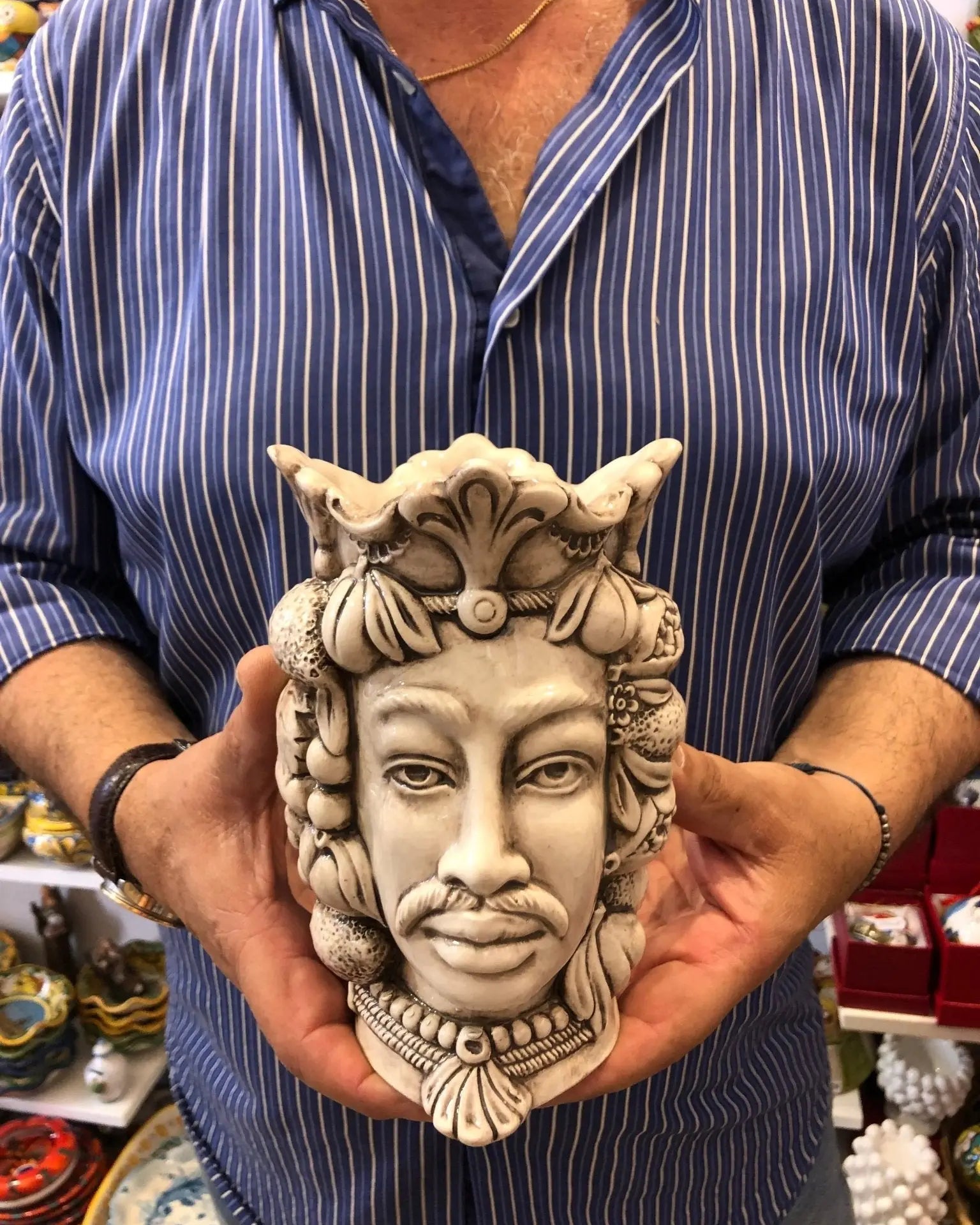 Teste di Moro Afro Frutta Ceramica Caltagirone cm H.18 L.12 Artigianale Beige - DD CERAMICHE SICILIANE