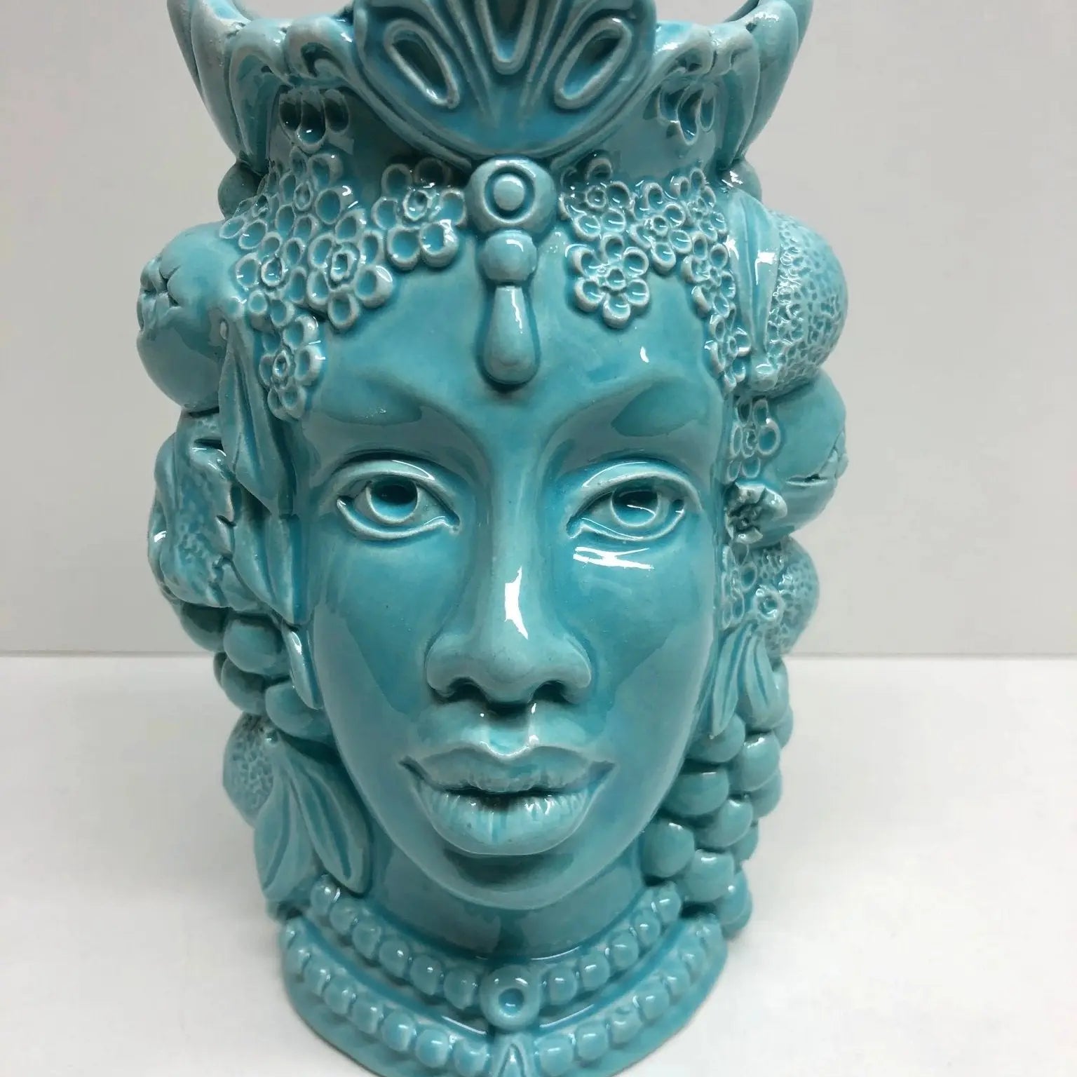 Teste di Moro Afro Frutta Ceramica Caltagirone cm H.18 L.12 Artigianale Celeste - DD CERAMICHE SICILIANE