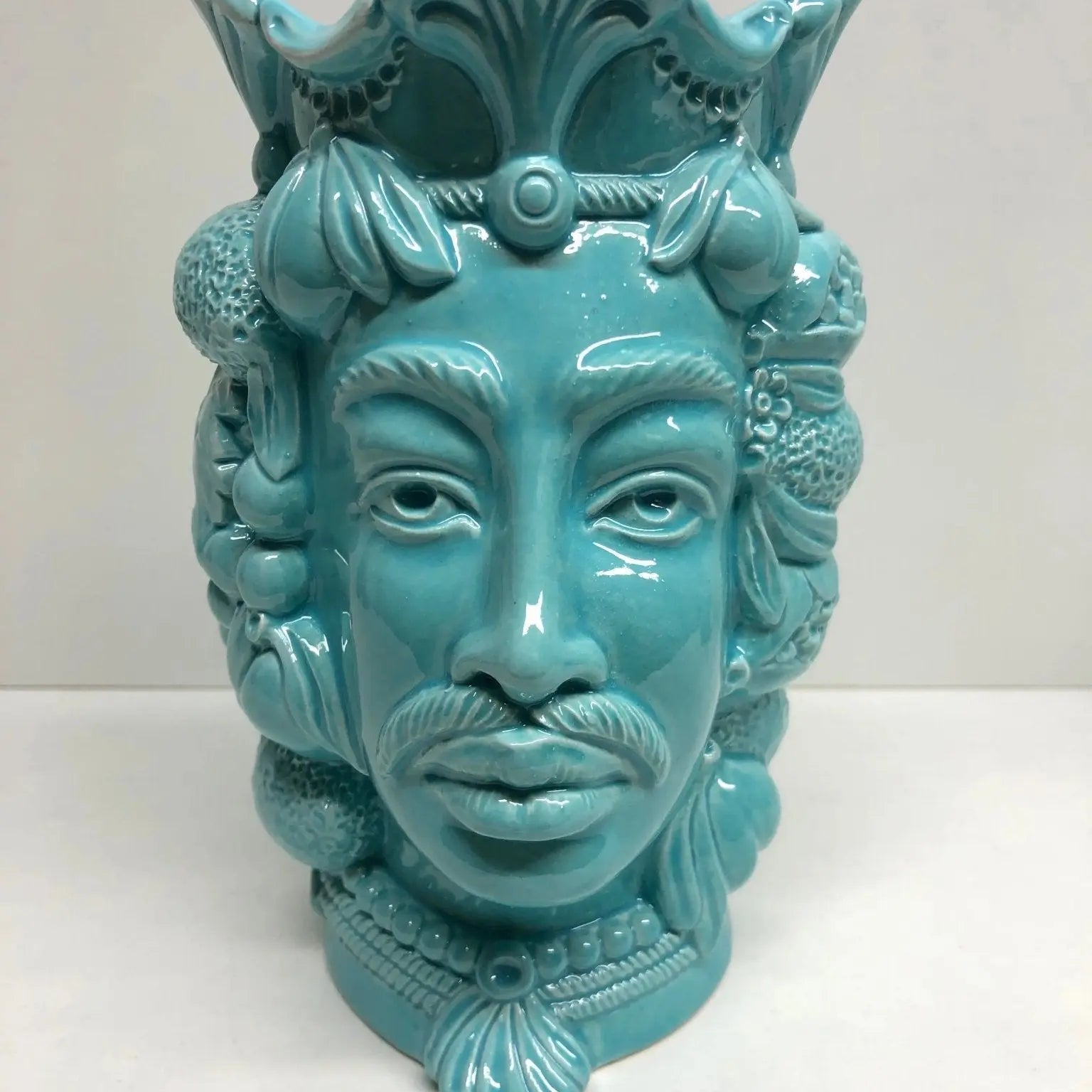 Teste di Moro Afro Frutta Ceramica Caltagirone cm H.18 L.12 Artigianale Celeste - DD CERAMICHE SICILIANE