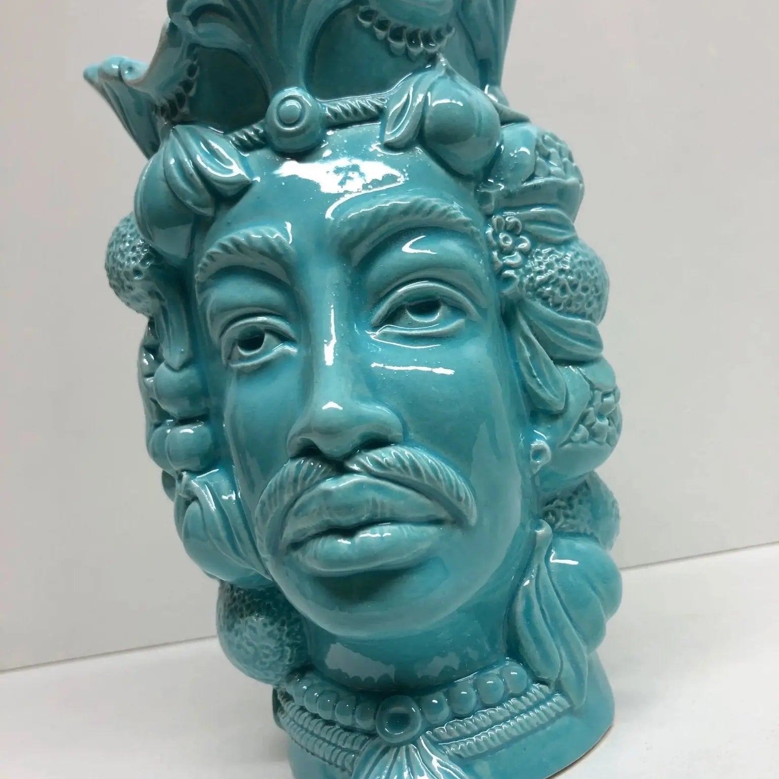 Teste di Moro Afro Frutta Ceramica Caltagirone cm H.18 L.12 Artigianale Celeste - DD CERAMICHE SICILIANE