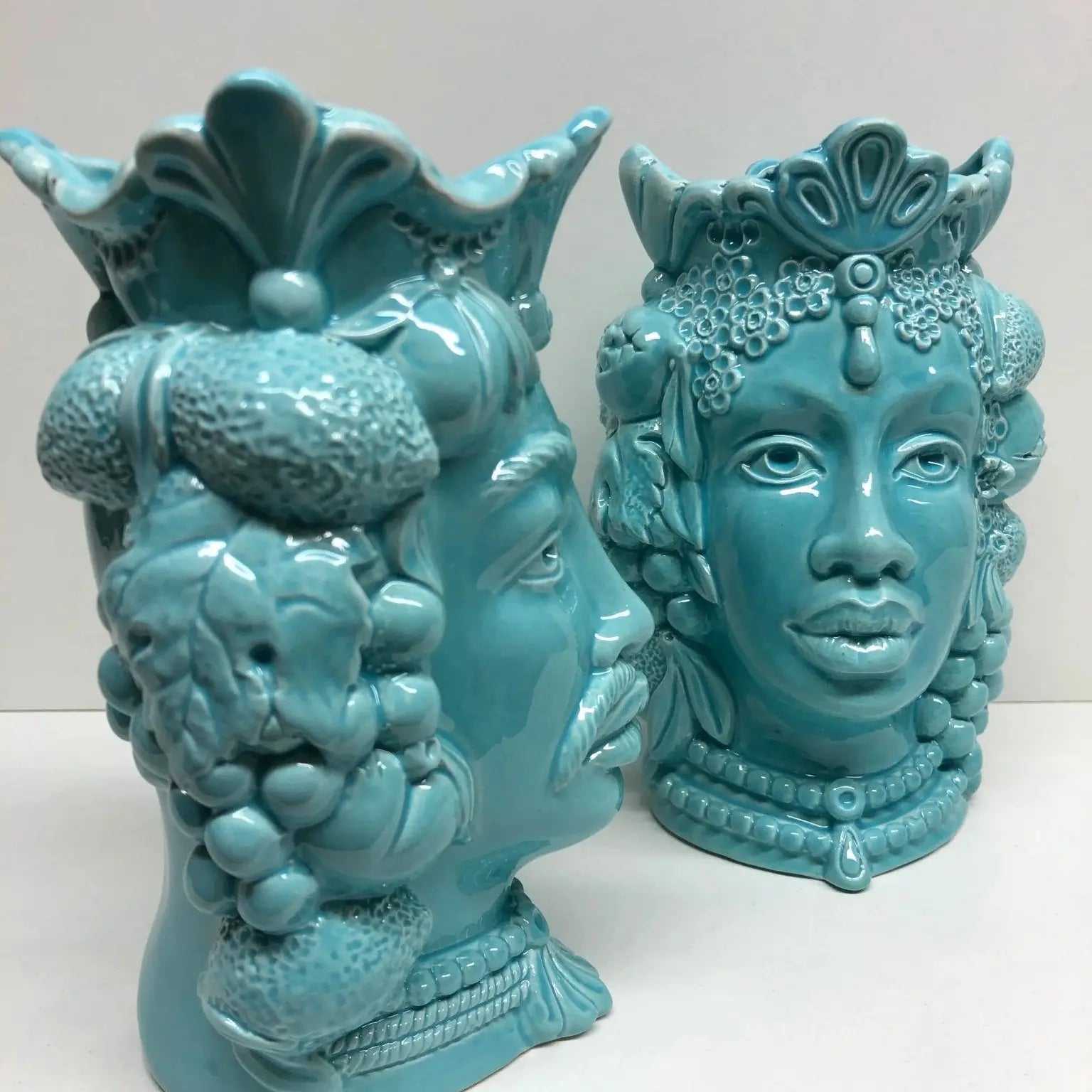 Teste di Moro Afro Frutta Ceramica Caltagirone cm H.18 L.12 Artigianale Celeste - DD CERAMICHE SICILIANE