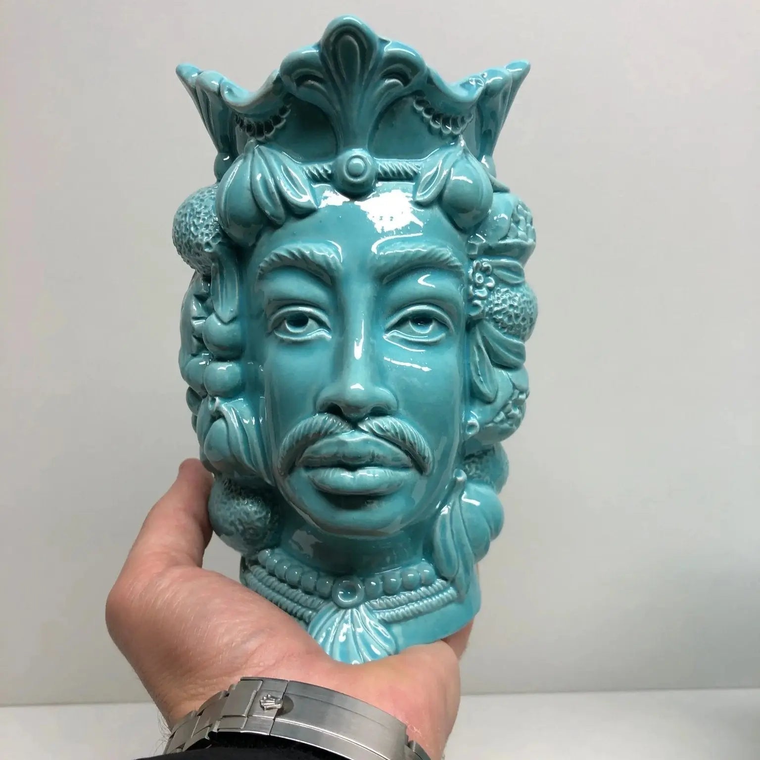 Teste di Moro Afro Frutta Ceramica Caltagirone cm H.18 L.12 Artigianale Celeste - DD CERAMICHE SICILIANE