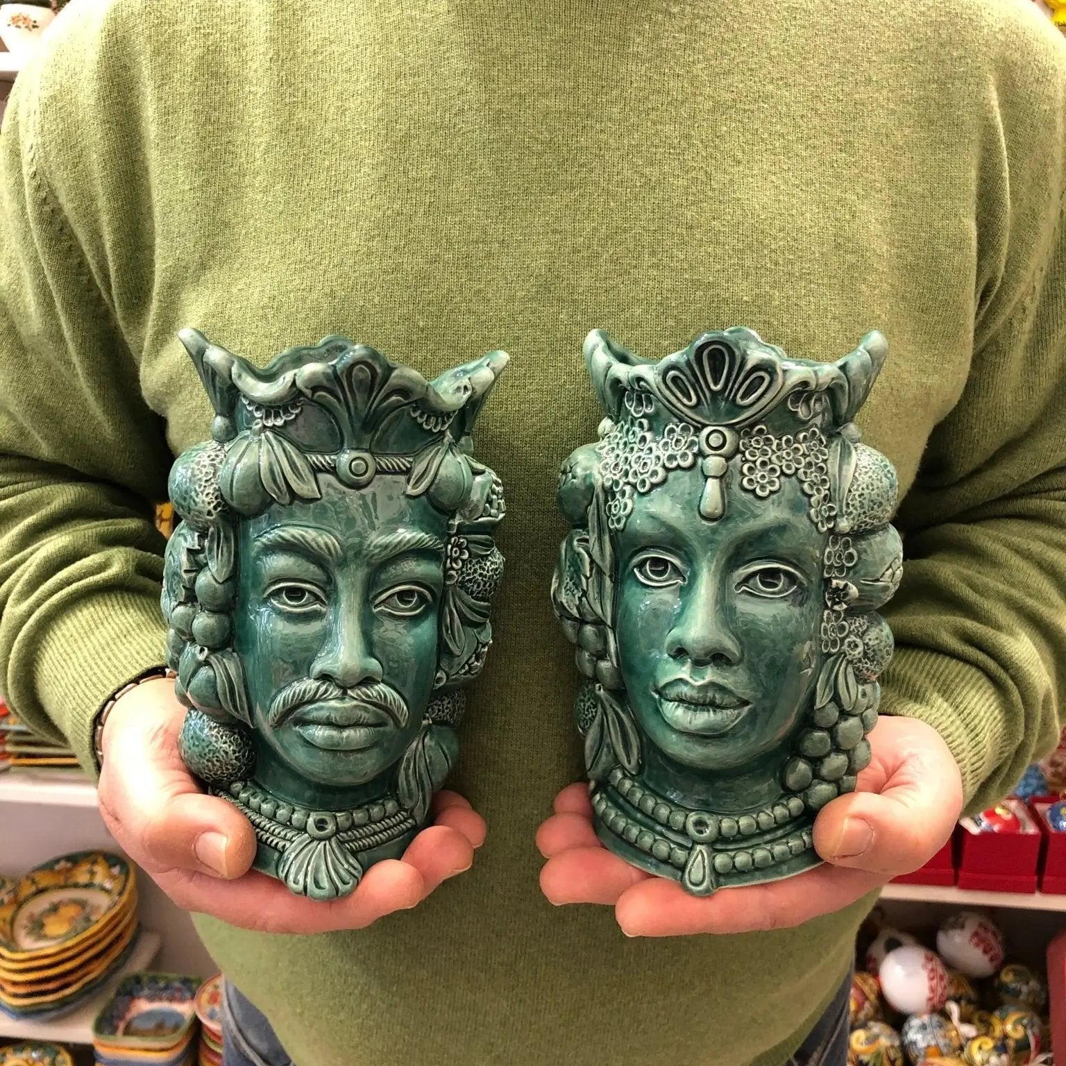 Teste di Moro Afro Frutta Ceramica Caltagirone cm H.18 L.12 Artigianale Verde - DD CERAMICHE SICILIANE