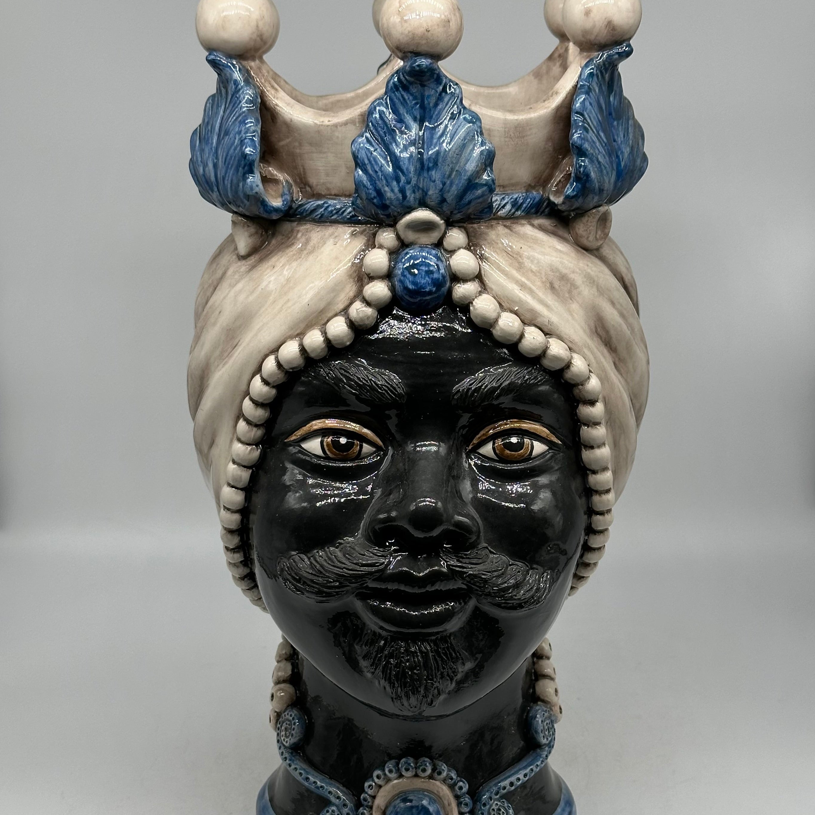 Teste di Moro Antares Ceramica Caltagirone cm H.41 L.22 Artigianale Écru Foglie Blu - Uomo - TESTE DI MORO