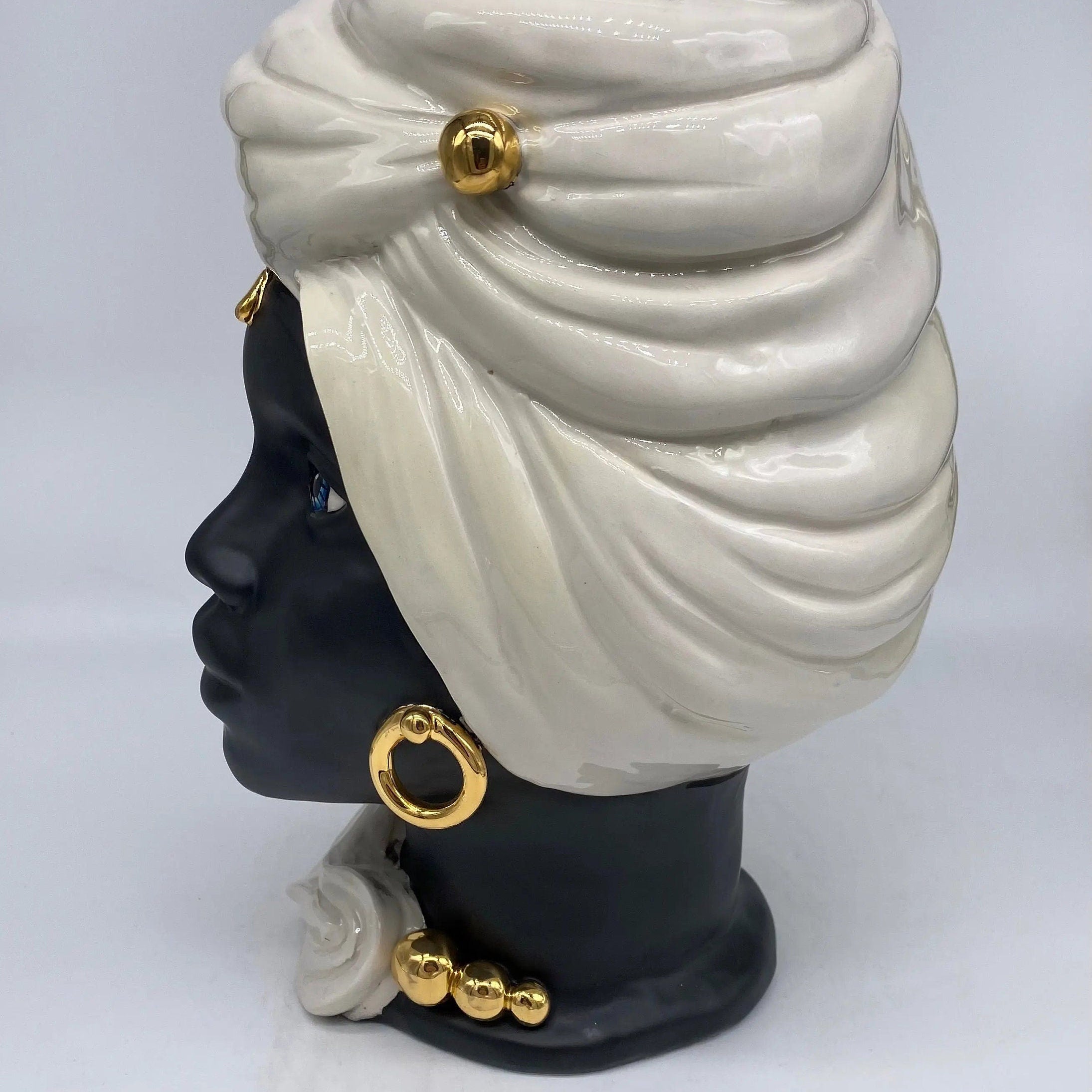 Teste di Moro Anubi Ceramica Caltagirone cm H.29 L.20 Artigianale Bianco Nero Oro DD CERAMICHE SICILIANE