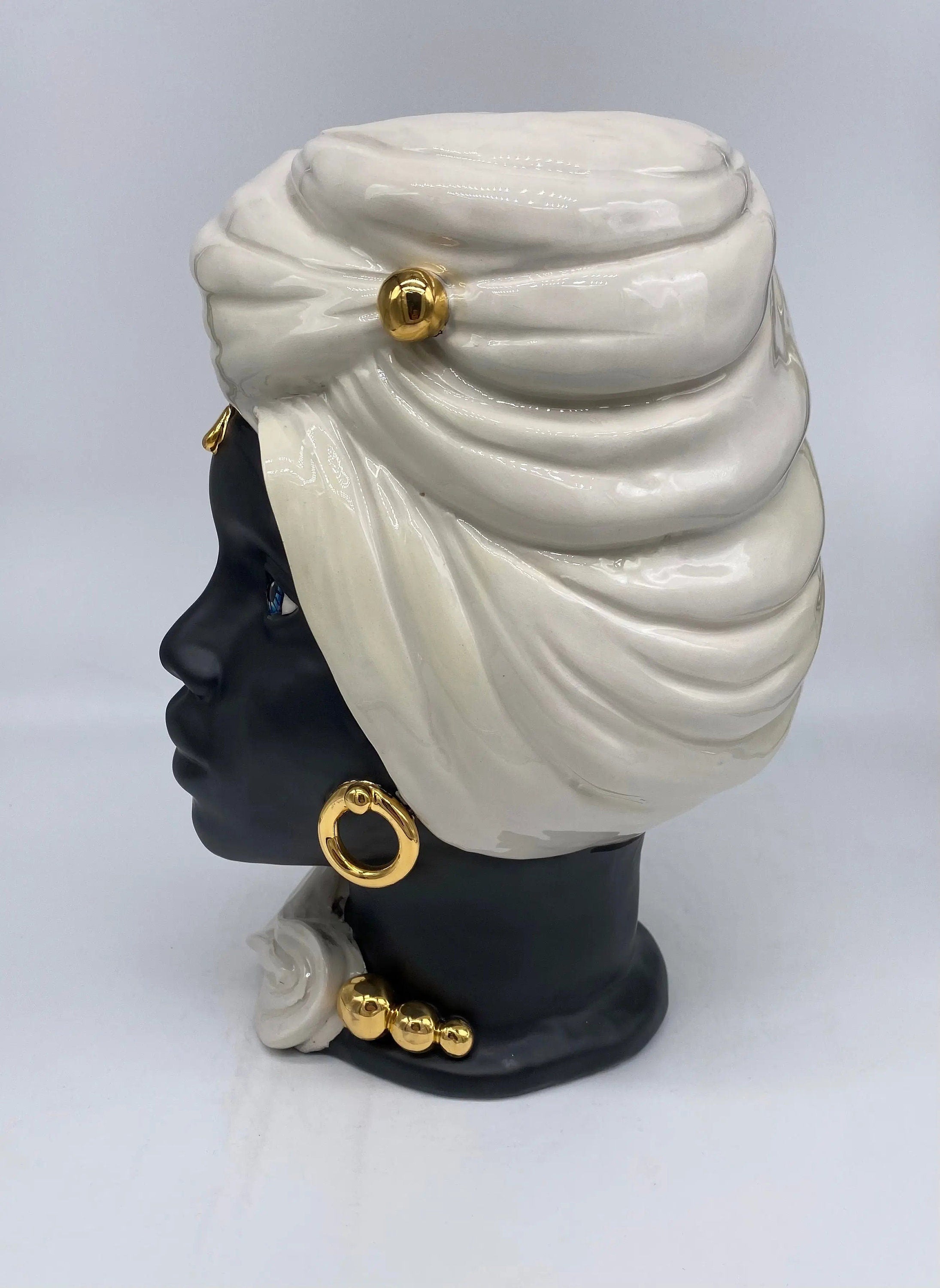 Teste di Moro Anubi Ceramica Caltagirone cm H.29 L.20 Artigianale Bianco Nero Oro DD CERAMICHE SICILIANE