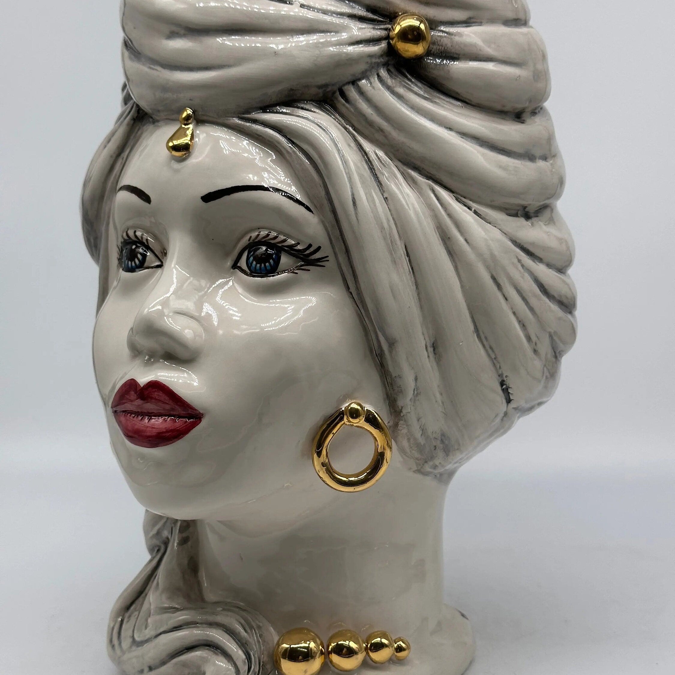 Teste di Moro Anubi Ceramica Caltagirone cm H.29 L.20 Artigianale Grigio Nero Oro DD CERAMICHE SICILIANE