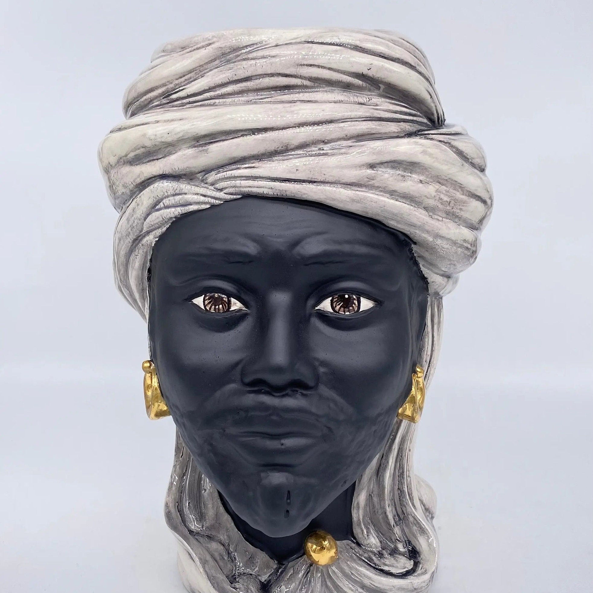 Teste di Moro Anubi Ceramica Caltagirone cm H.29 L.20 Artigianale Ghiaccio Nero Oro DD CERAMICHE SICILIANE