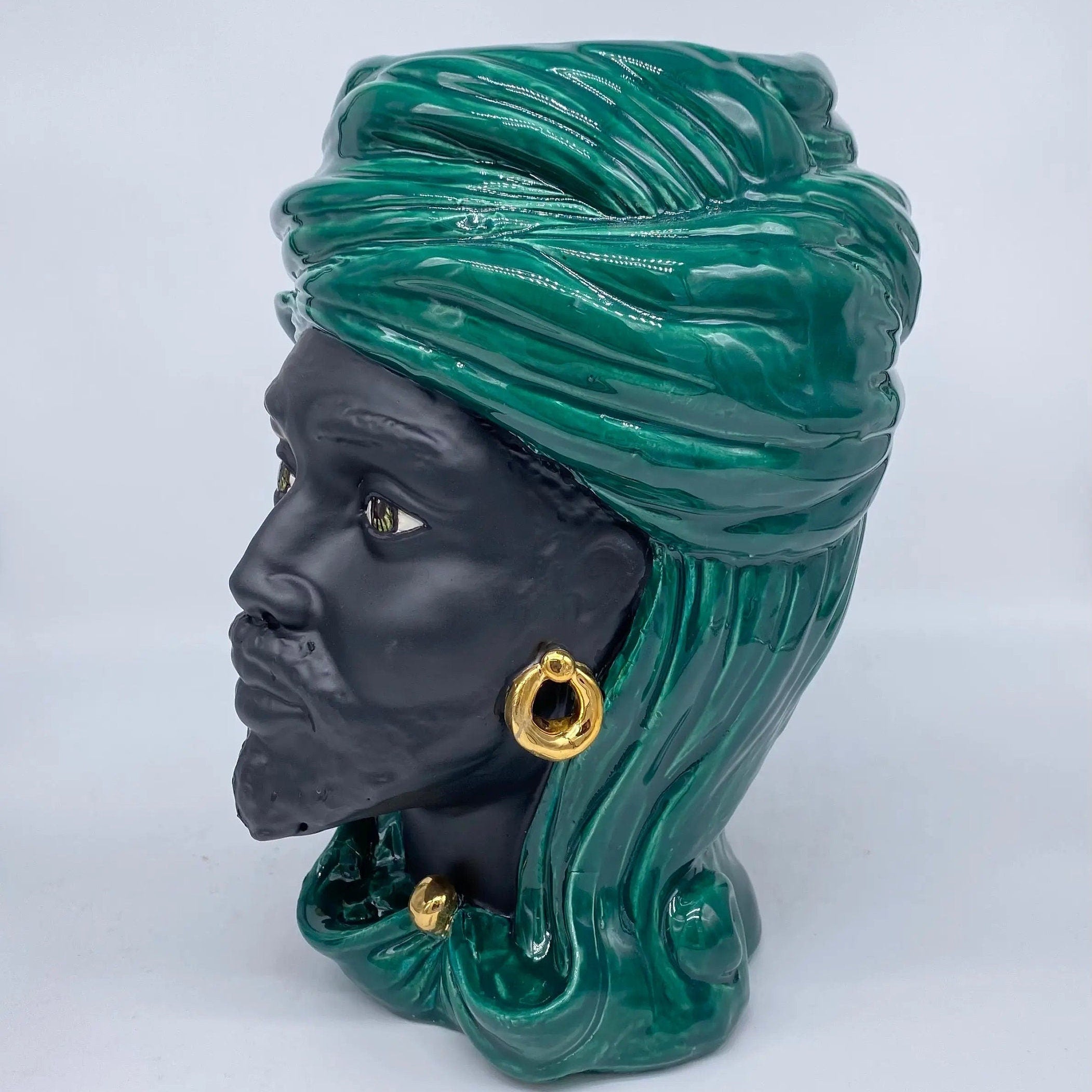 Teste di Moro Anubi Ceramica Caltagirone cm H.29 L.20 Artigianale Verde Nero Oro DD CERAMICHE SICILIANE