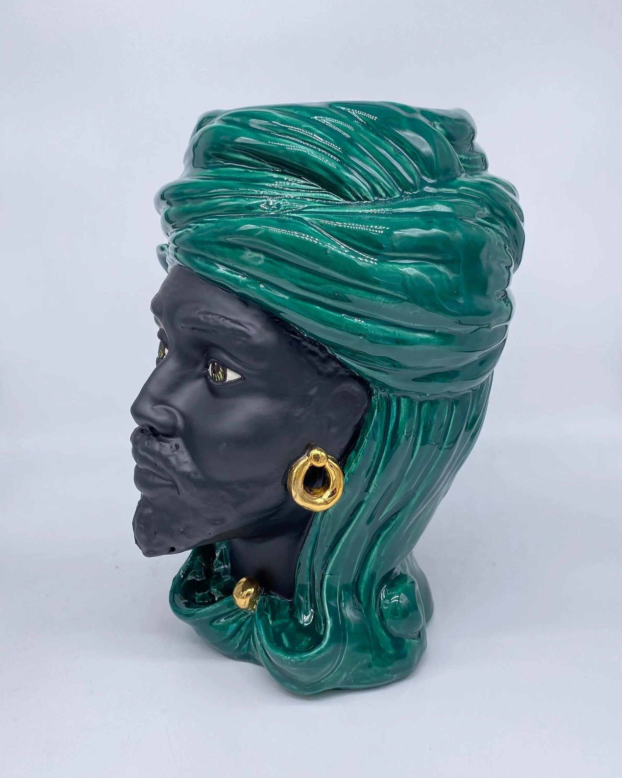 Teste di Moro Anubi Ceramica Caltagirone cm H.29 L.20 Artigianale Verde Nero Oro DD CERAMICHE SICILIANE