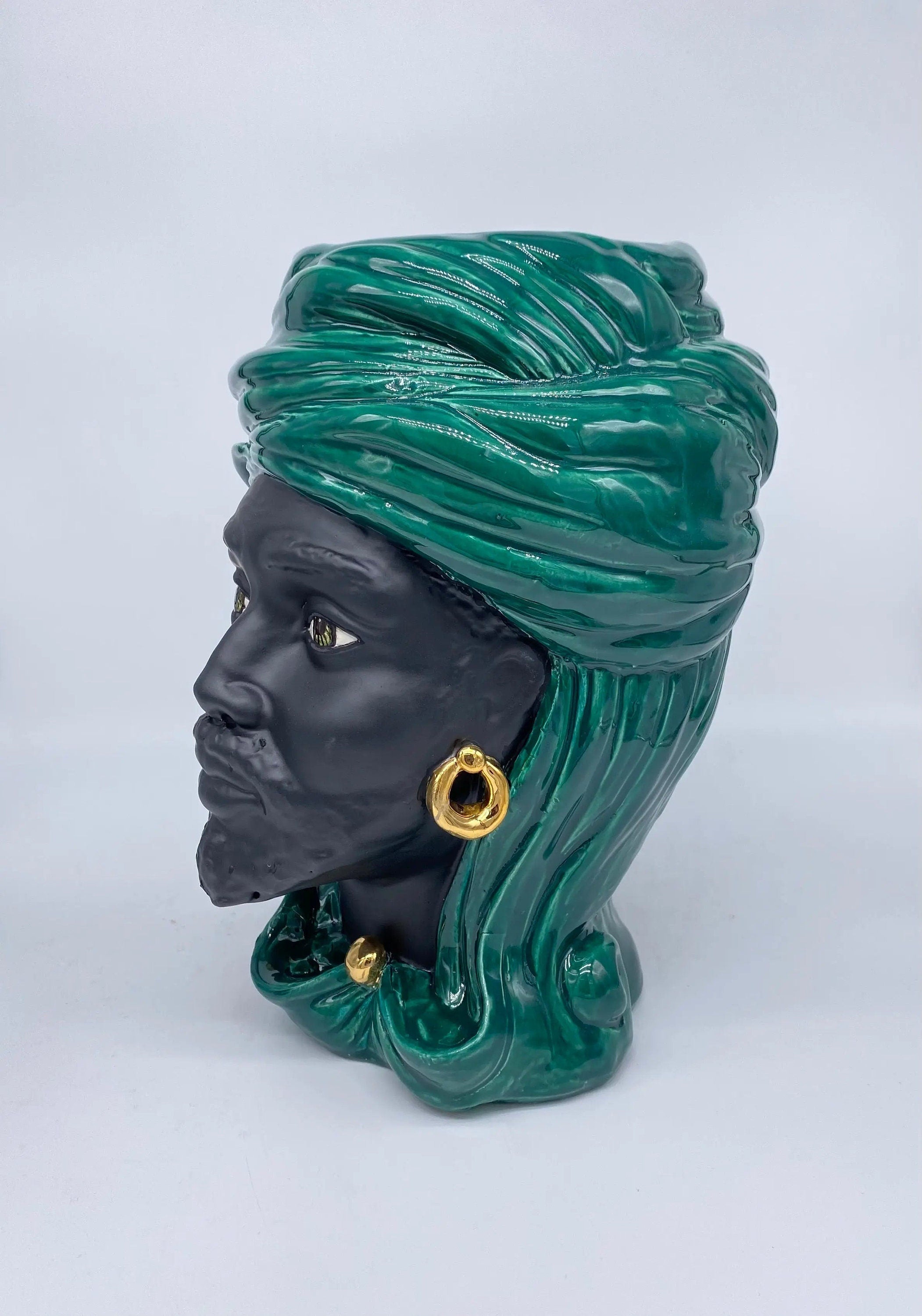 Teste di Moro Anubi Ceramica Caltagirone cm H.29 L.20 Artigianale Verde Nero Oro DD CERAMICHE SICILIANE
