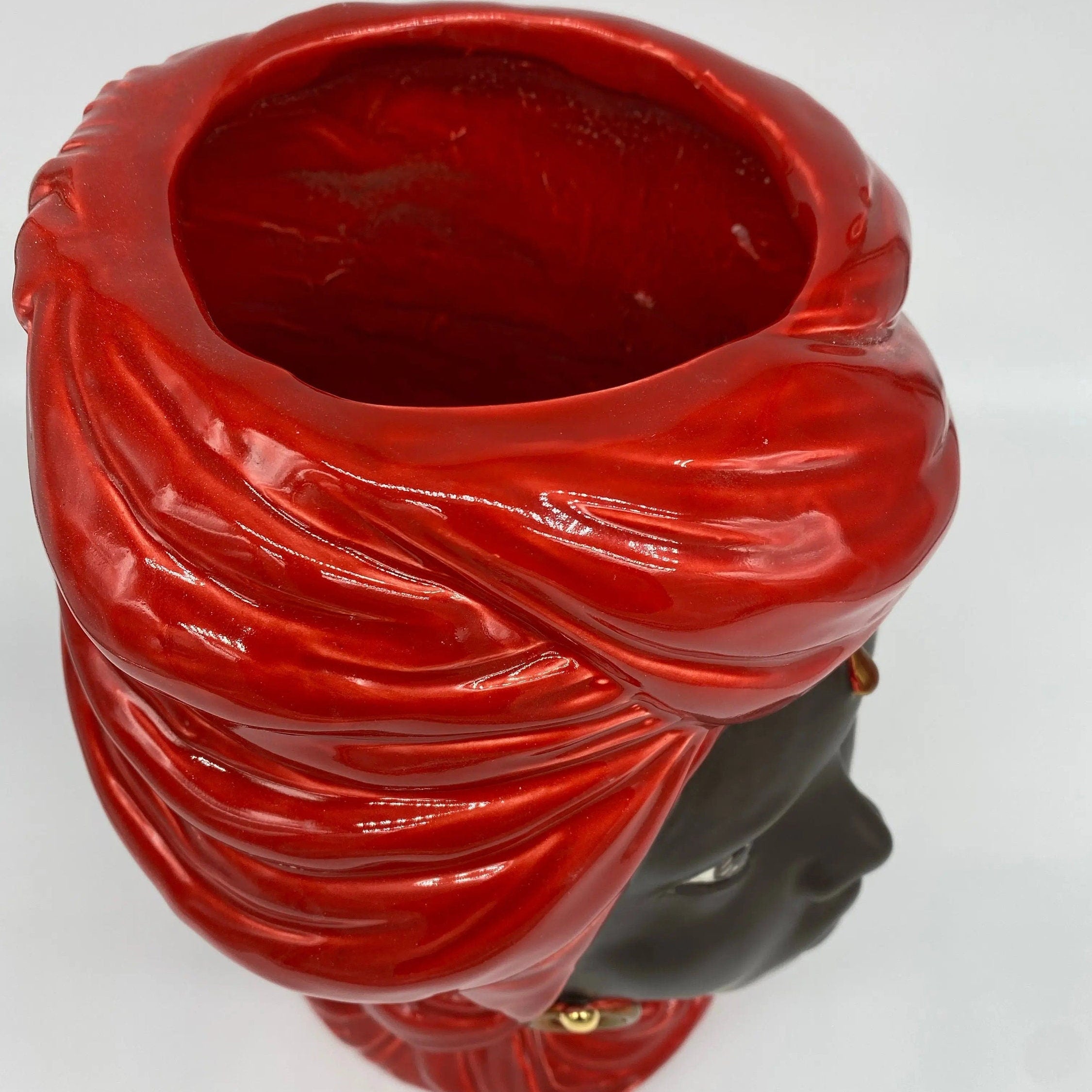 Teste di Moro Anubi Ceramica Caltagirone cm H.29 L.20 Artigianale Rosso Marrone Oro DD CERAMICHE SICILIANE