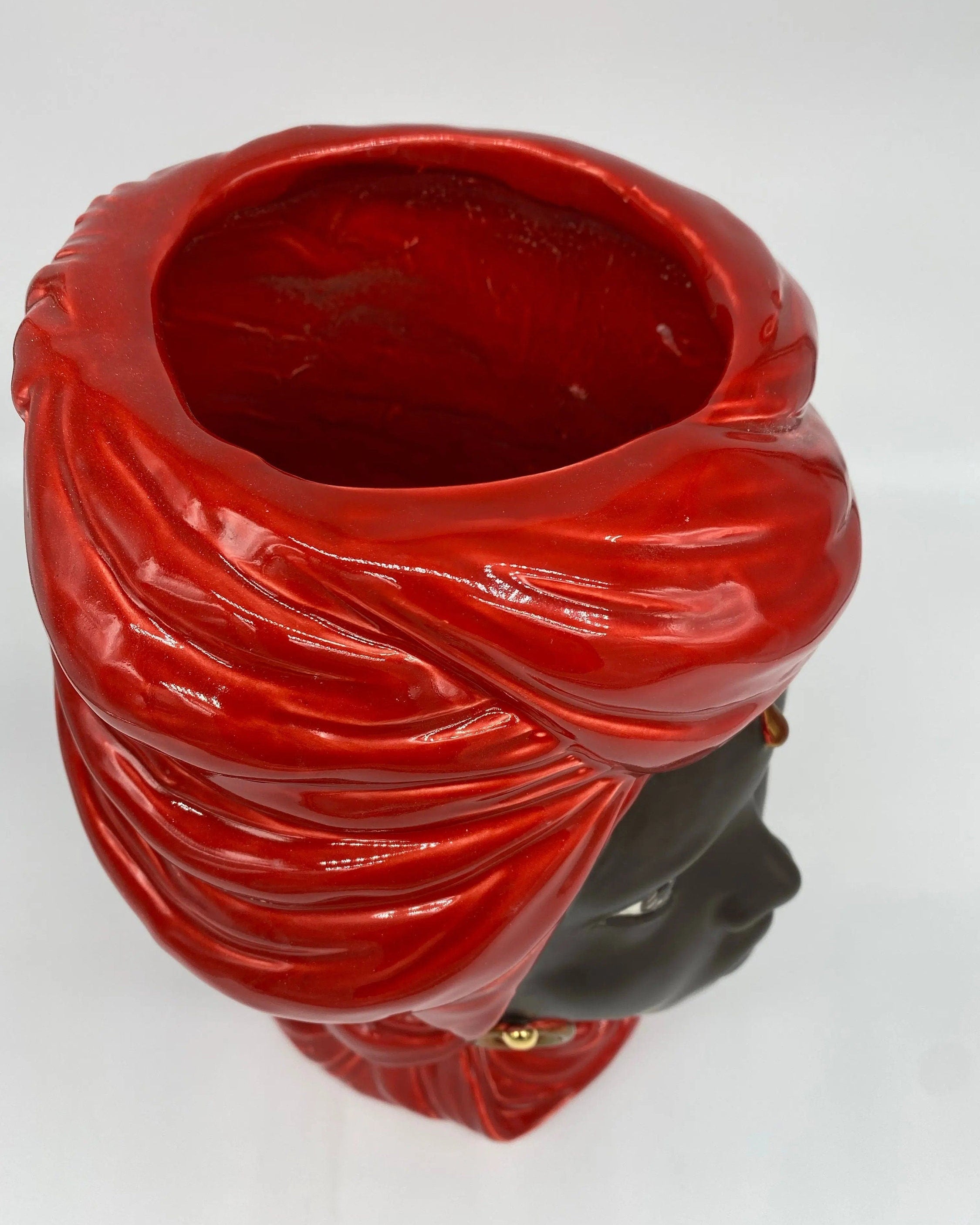 Teste di Moro Anubi Ceramica Caltagirone cm H.29 L.20 Artigianale Rosso Marrone Oro DD CERAMICHE SICILIANE